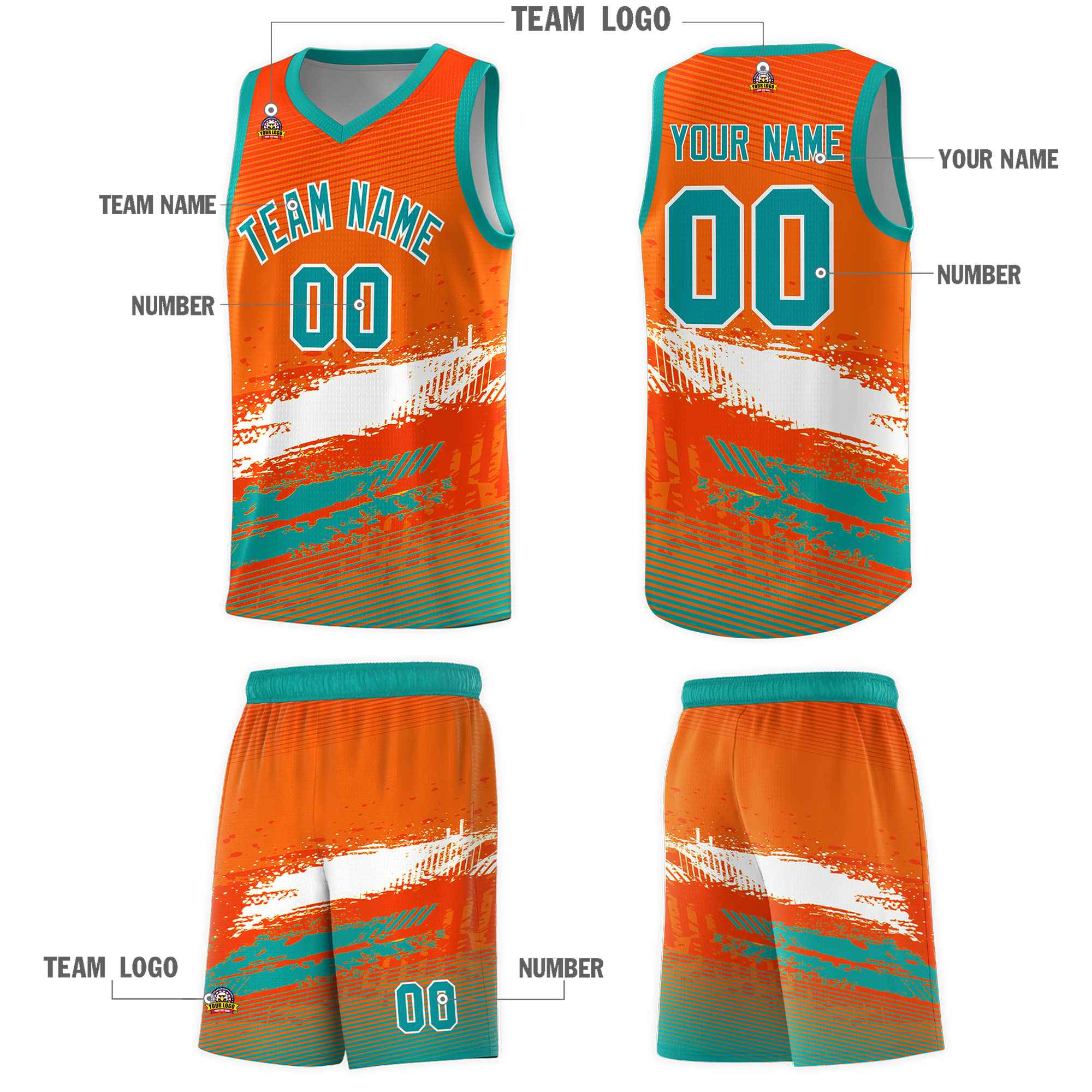 Custom Orange White and Aqua Graffiti Pattern Sports Uniform Basketball Jersey