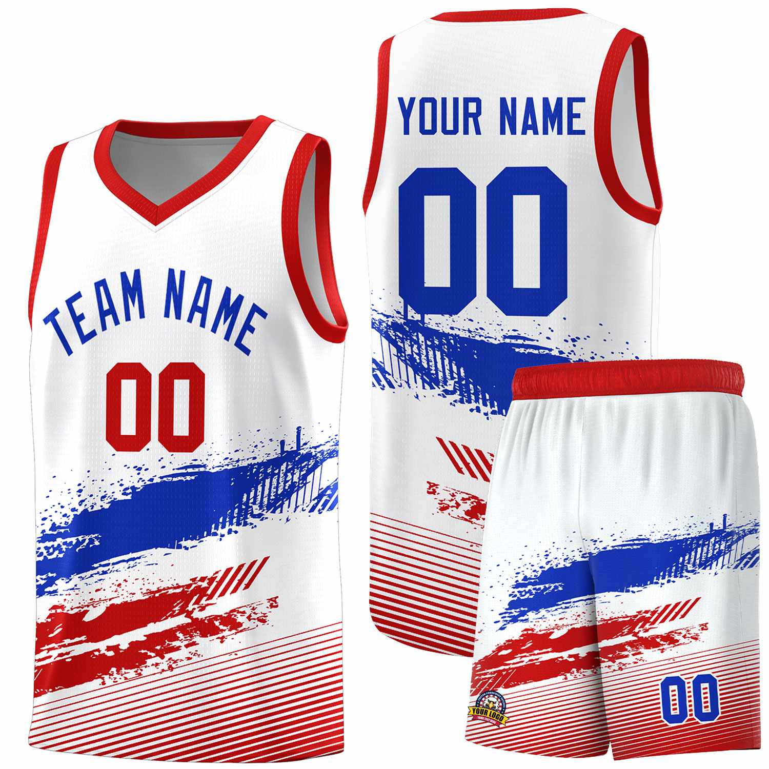 Custom White Royal and Red Graffiti Pattern Sports Uniform Basketball Jersey