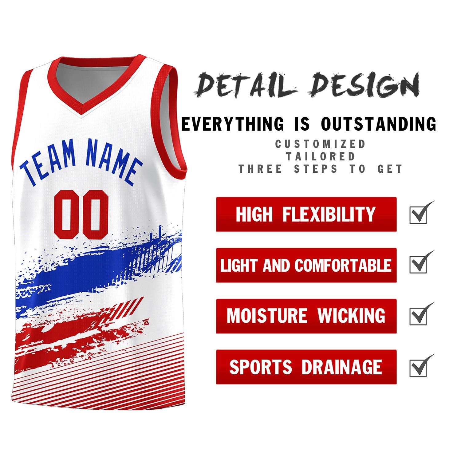 Custom White Royal and Red Graffiti Pattern Sports Uniform Basketball Jersey