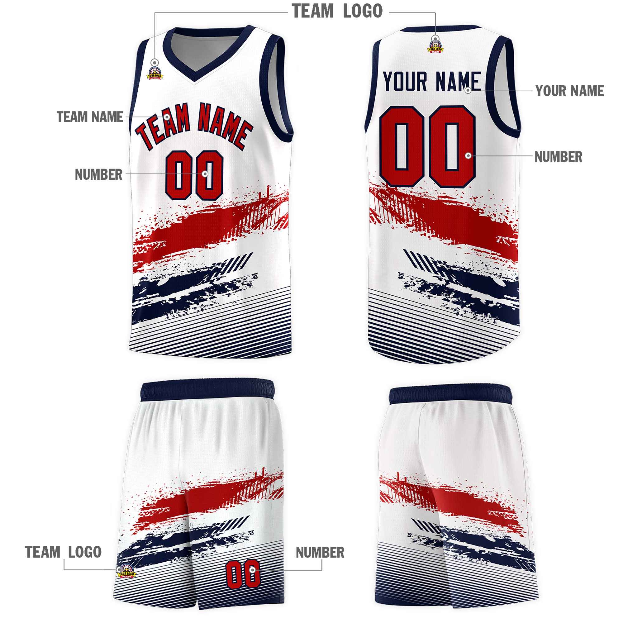 Custom White Red and Navy Graffiti Pattern Sports Uniform Basketball Jersey