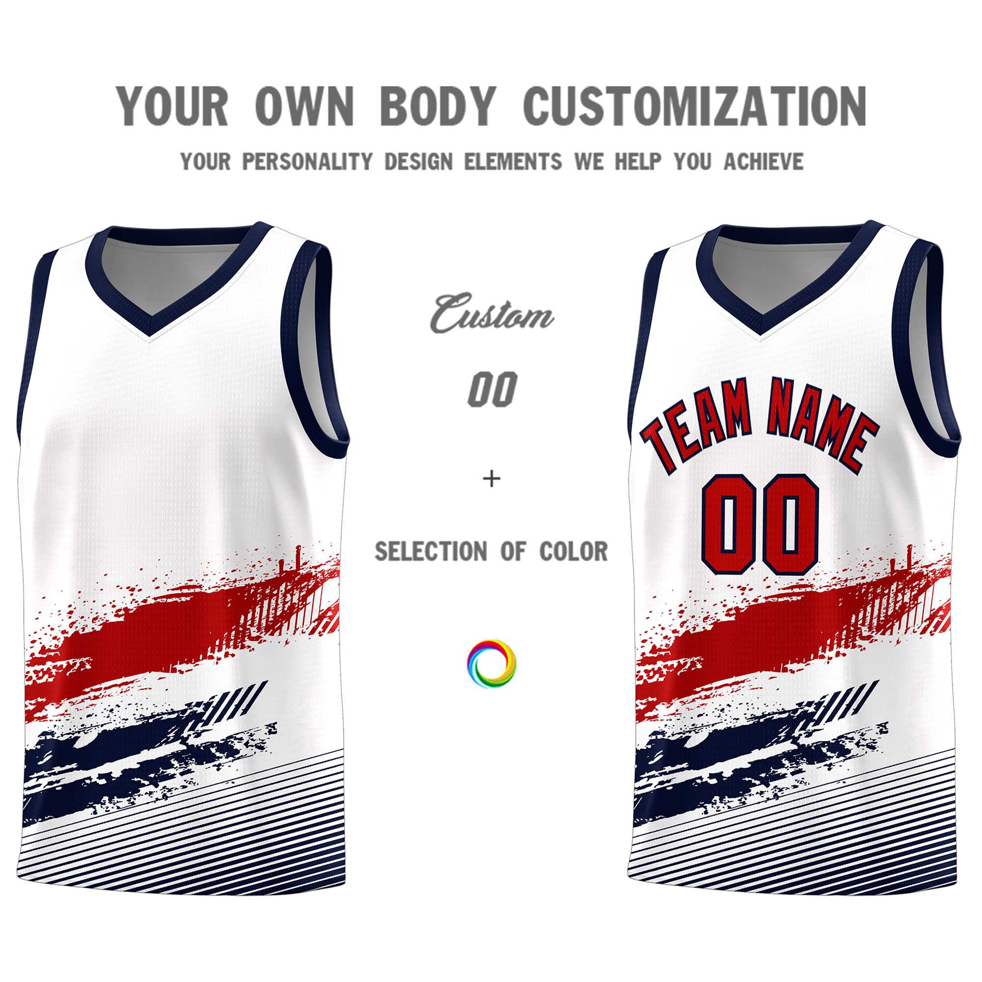 Custom White Red and Navy Graffiti Pattern Sports Uniform Basketball Jersey