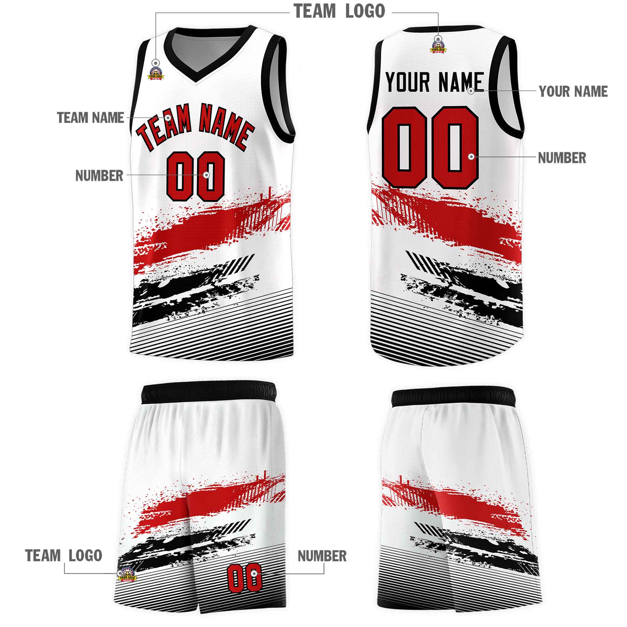 Custom White Red and Black Graffiti Pattern Sports Uniform Basketball Jersey