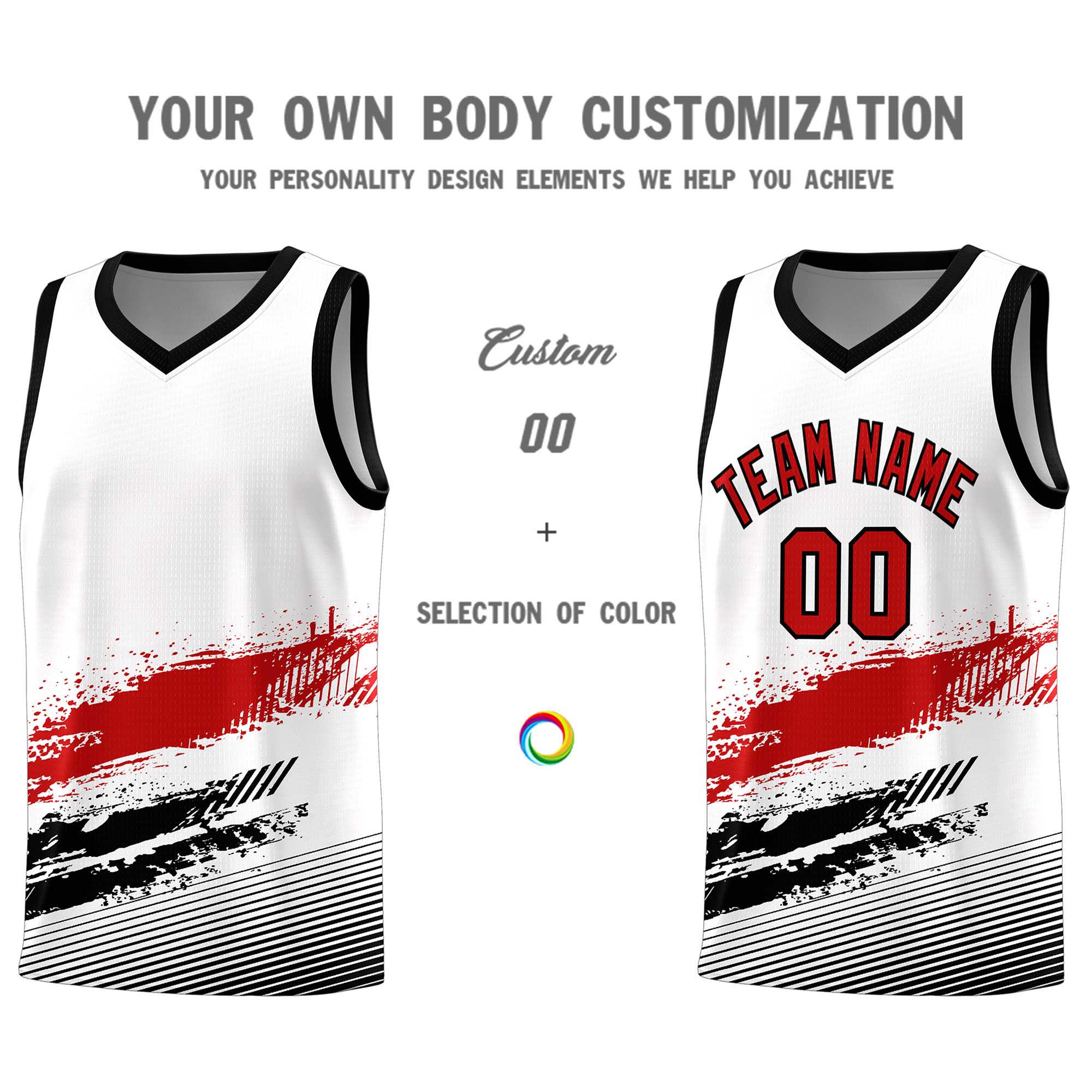 Custom White Red and Black Graffiti Pattern Sports Uniform Basketball Jersey