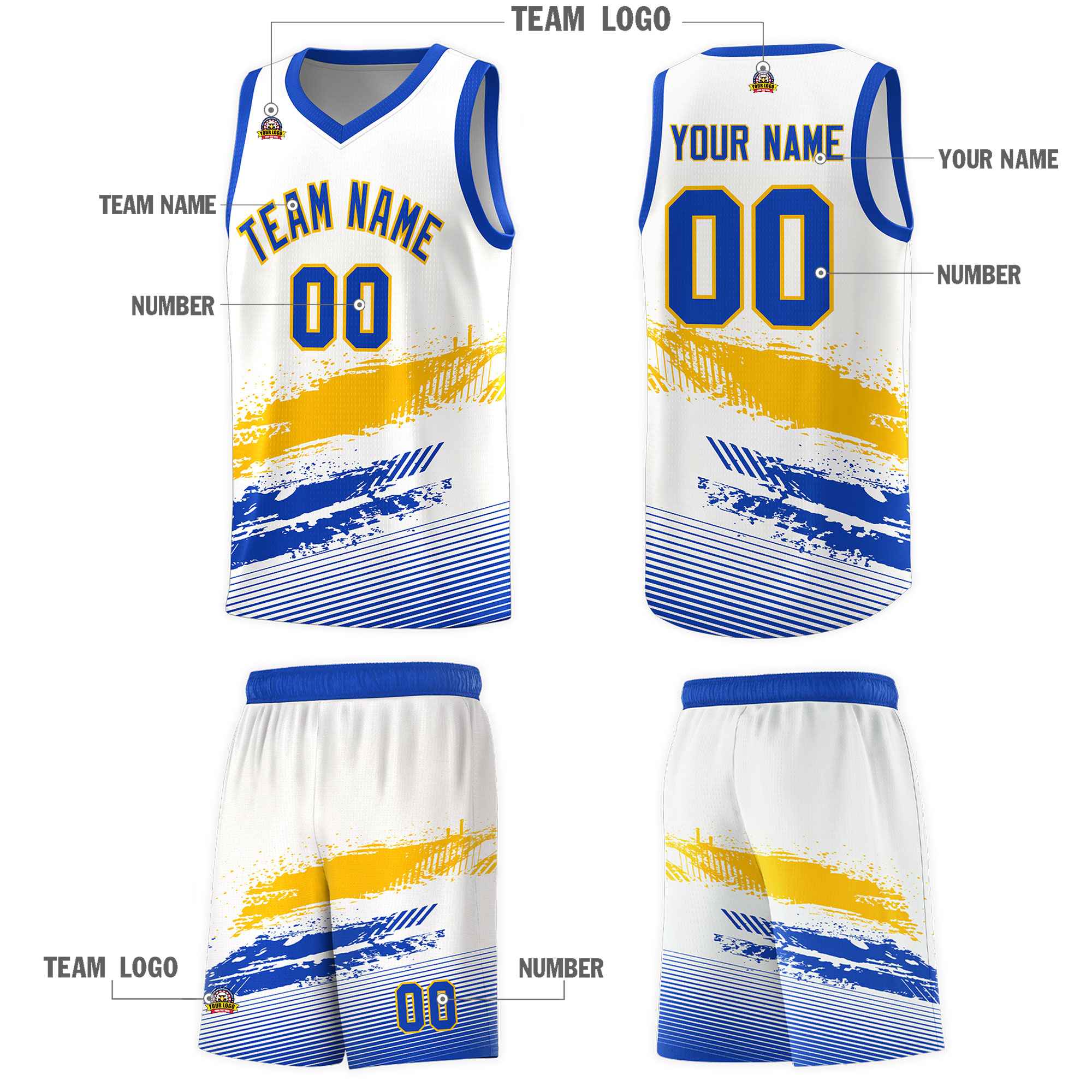 Custom White Yellow and Royal Graffiti Pattern Sports Uniform Basketball Jersey