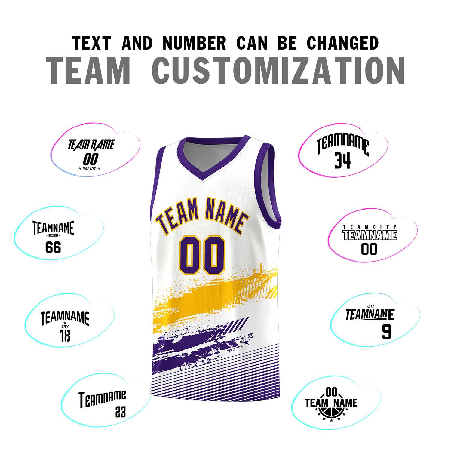 Custom White Yellow and Purple Graffiti Pattern Sports Uniform Basketball Jersey