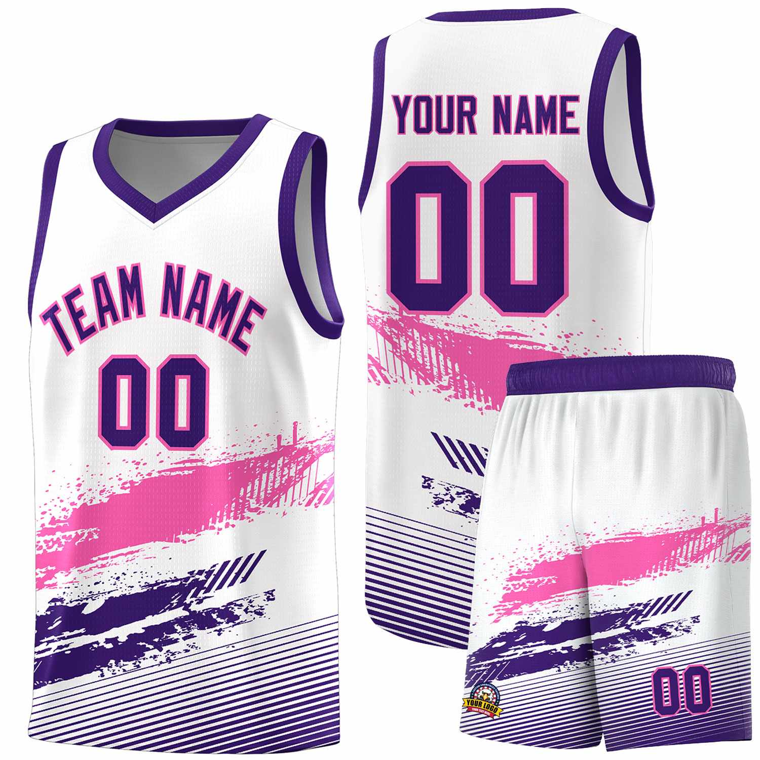 Custom White Pink and Purple Graffiti Pattern Sports Uniform Basketball Jersey