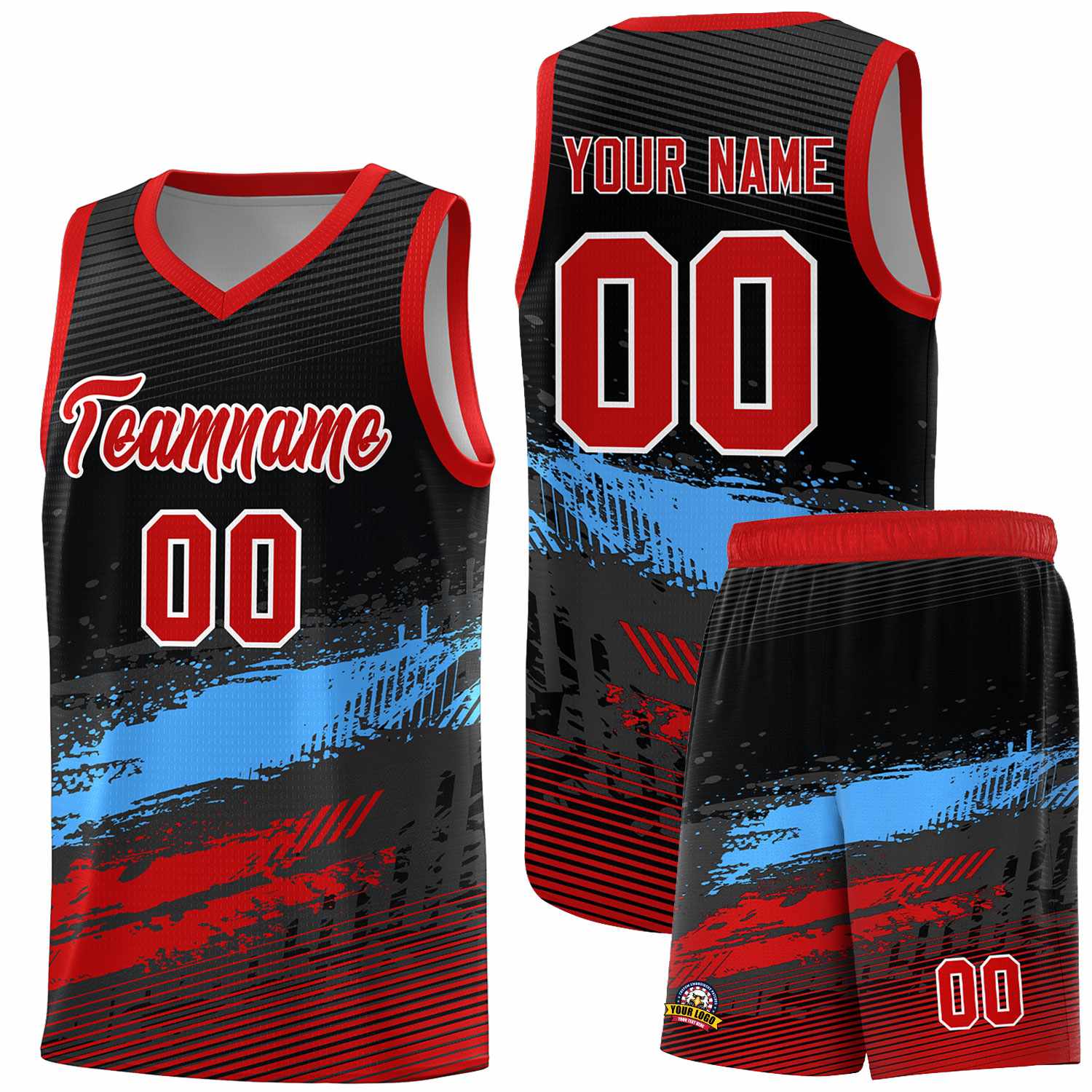 Custom Black Powder Blue and Red Graffiti Pattern Sports Uniform Basketball Jersey