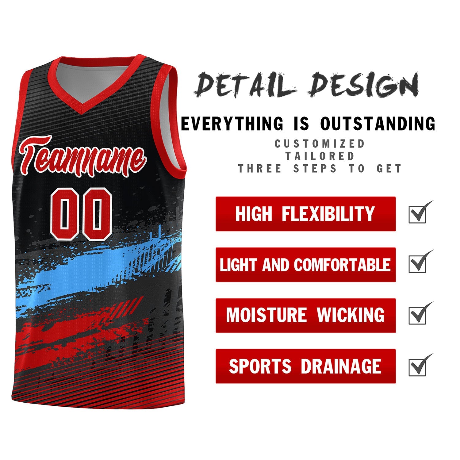 Custom Black Powder Blue and Red Graffiti Pattern Sports Uniform Basketball Jersey