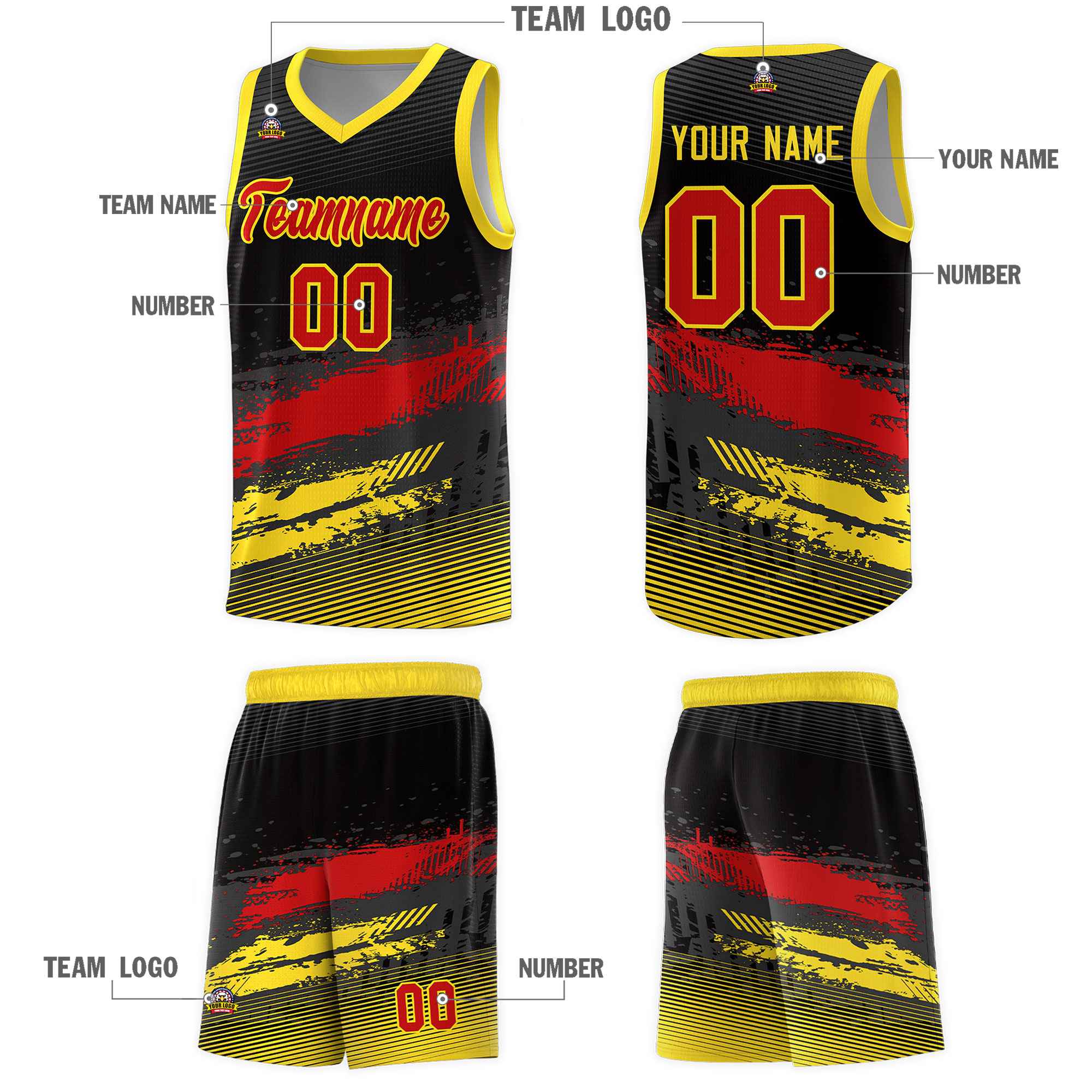 Custom Black Red and Gold Graffiti Pattern Sports Uniform Basketball Jersey