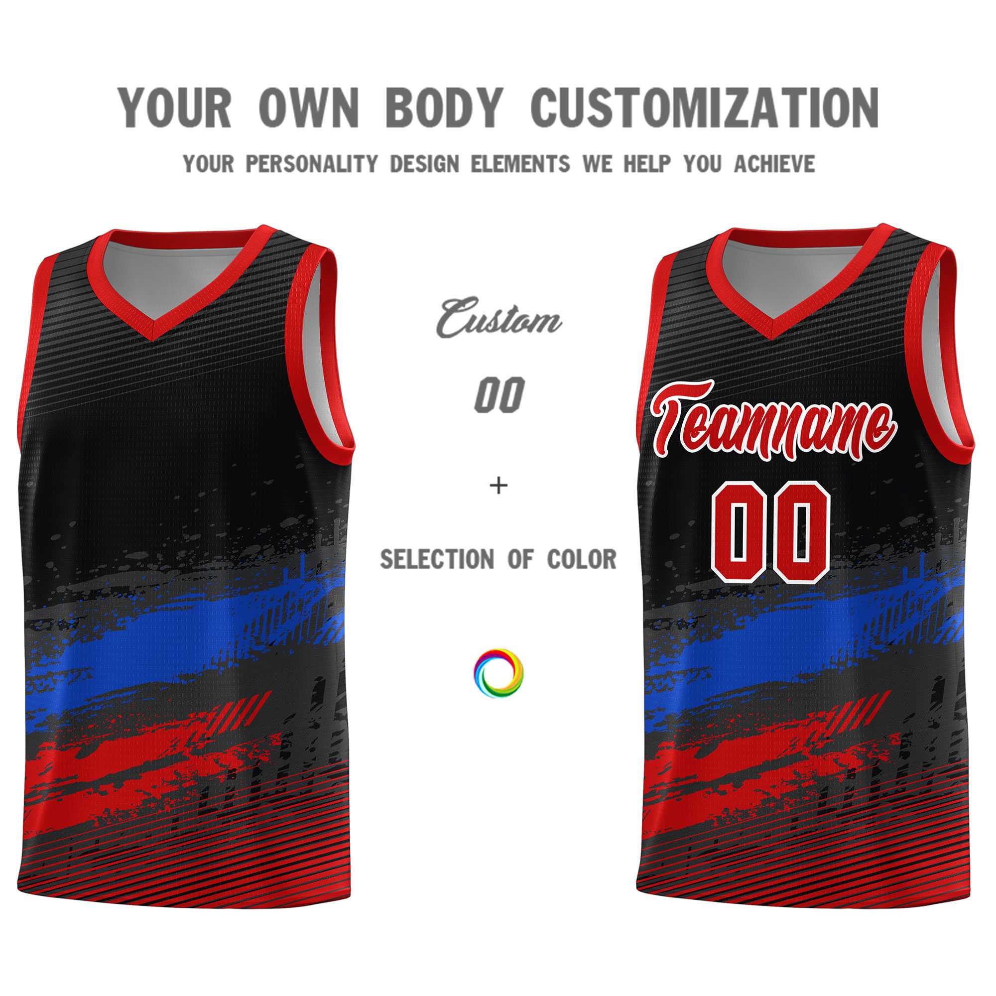 Custom Black Royal and Red Graffiti Pattern Sports Uniform Basketball Jersey