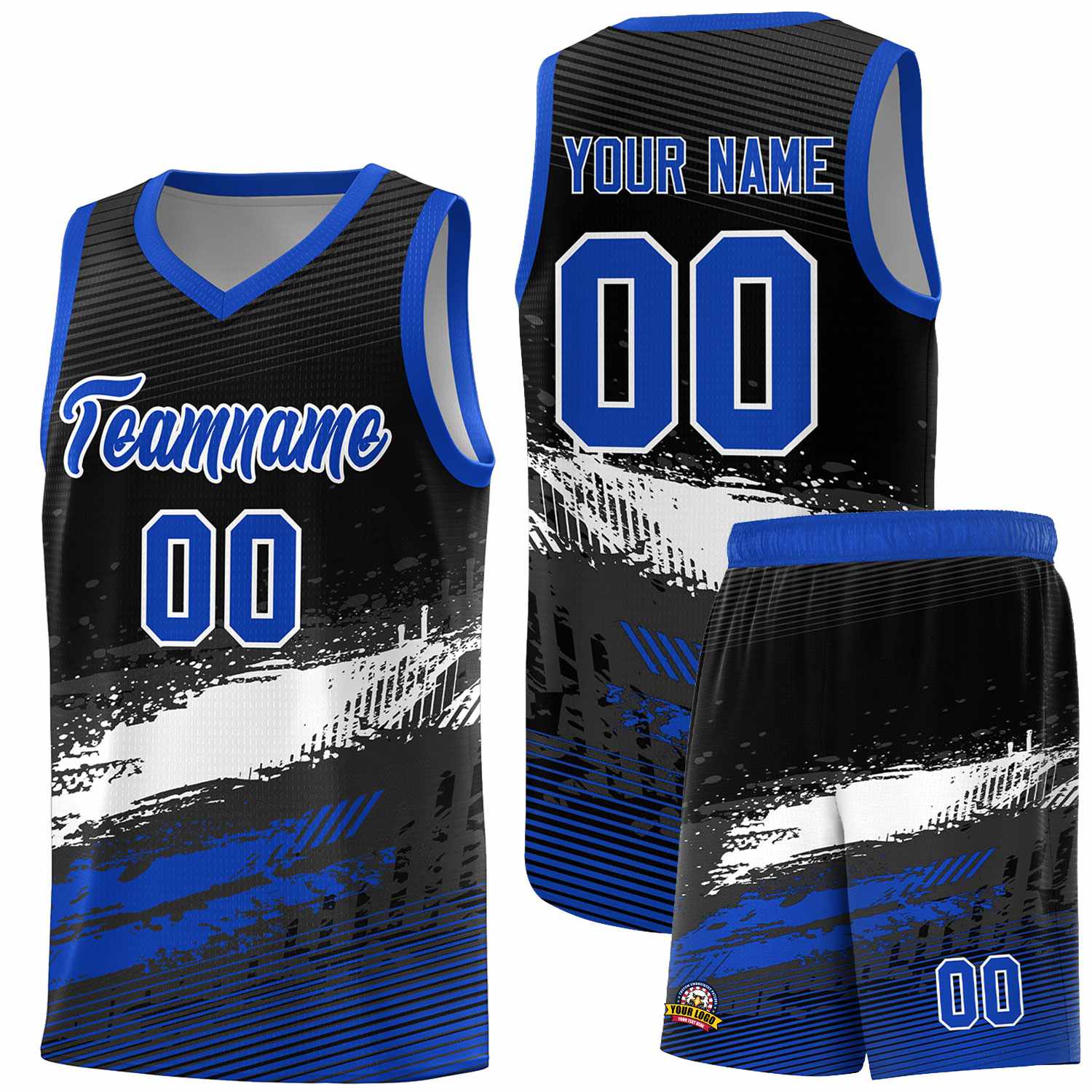 Custom Black White and Royal Graffiti Pattern Sports Uniform Basketball Jersey