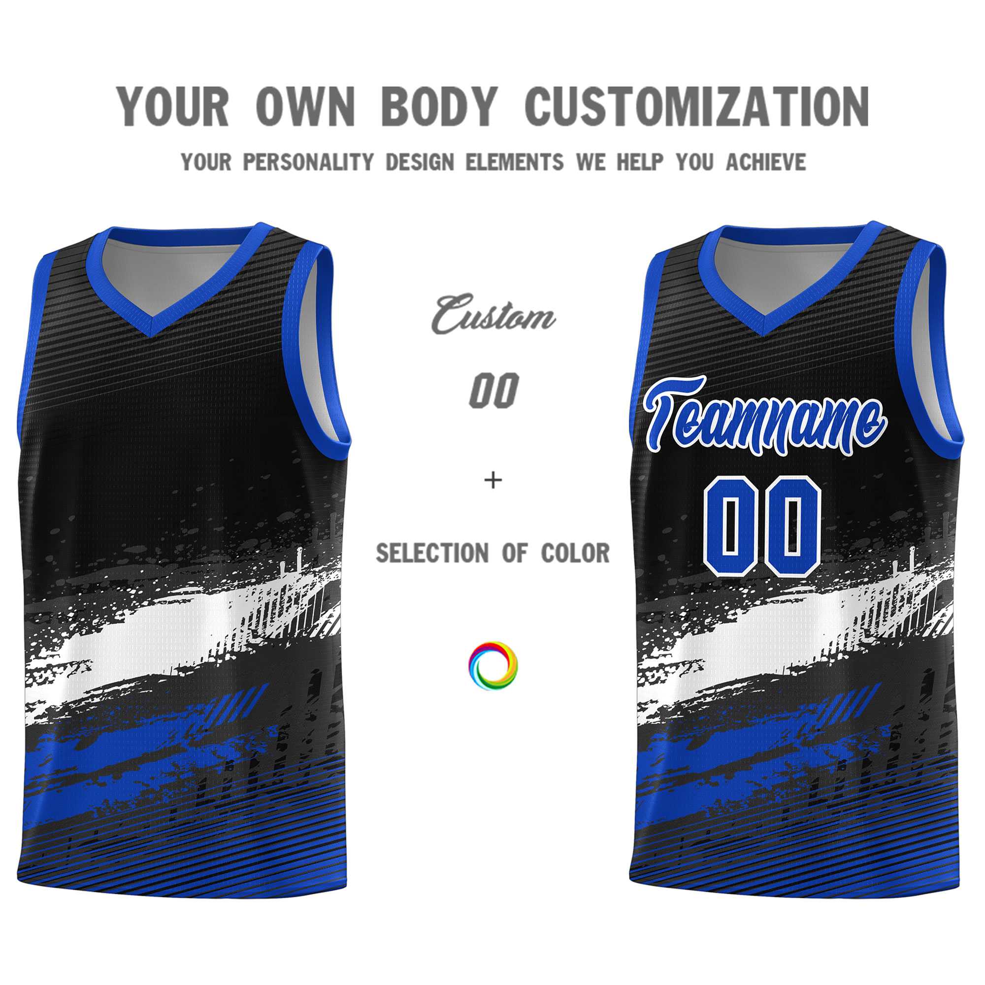 Custom Black White and Royal Graffiti Pattern Sports Uniform Basketball Jersey