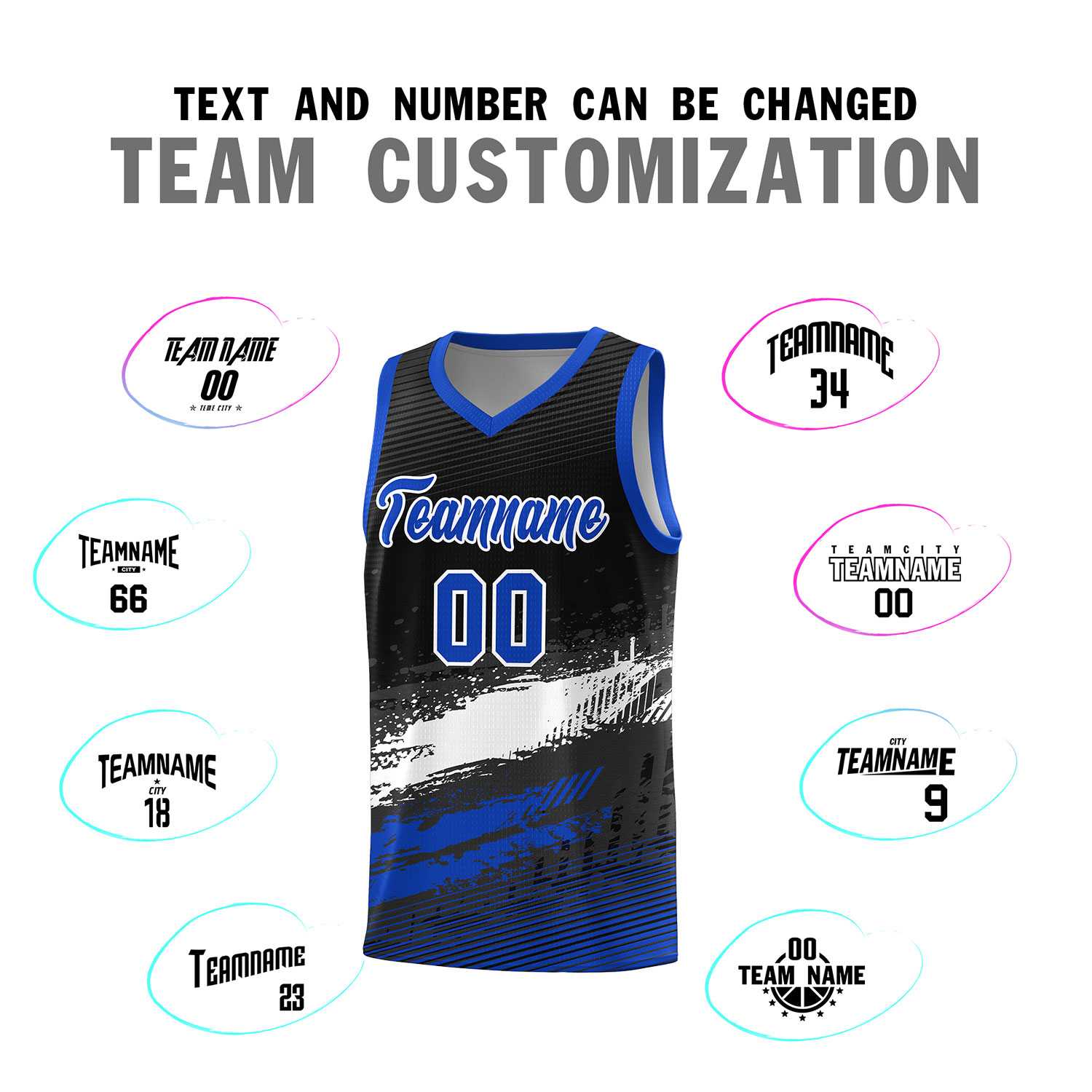 Custom Black White and Royal Graffiti Pattern Sports Uniform Basketball Jersey