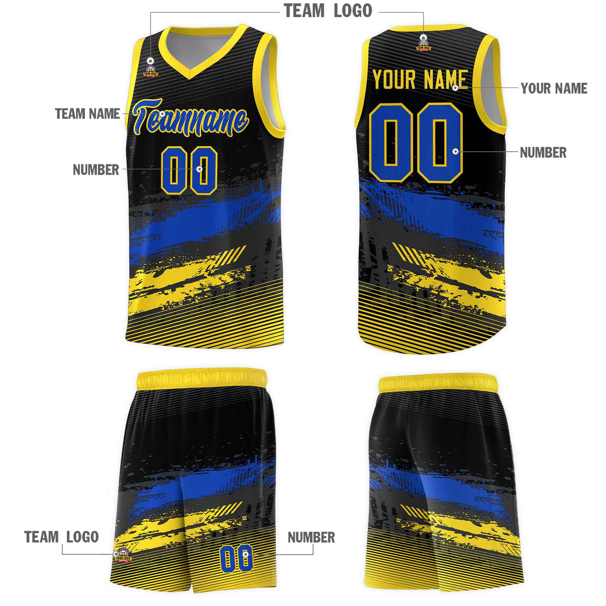 Custom Black Royal and Gold Graffiti Pattern Sports Uniform Basketball Jersey