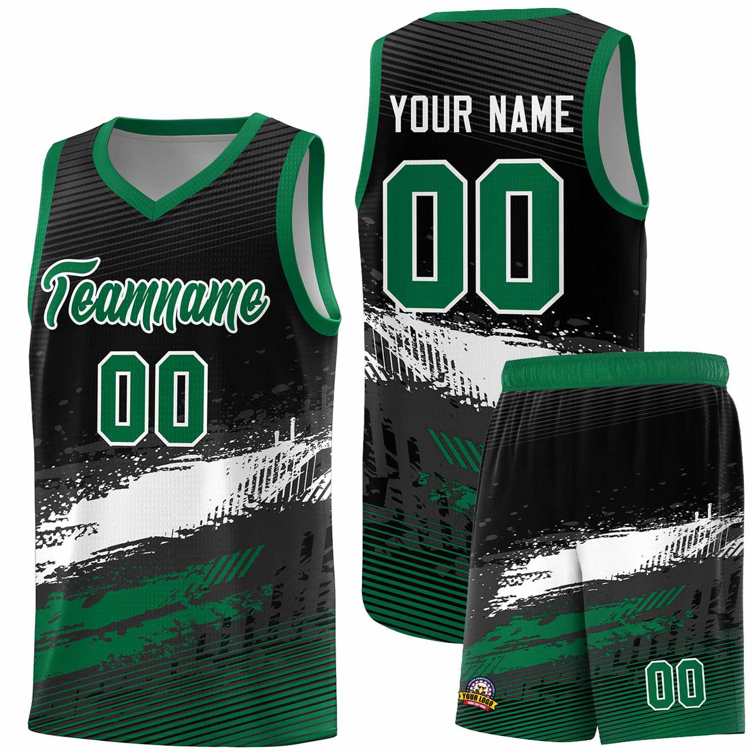 Custom Black White and Kelly Green Graffiti Pattern Sports Uniform Basketball Jersey