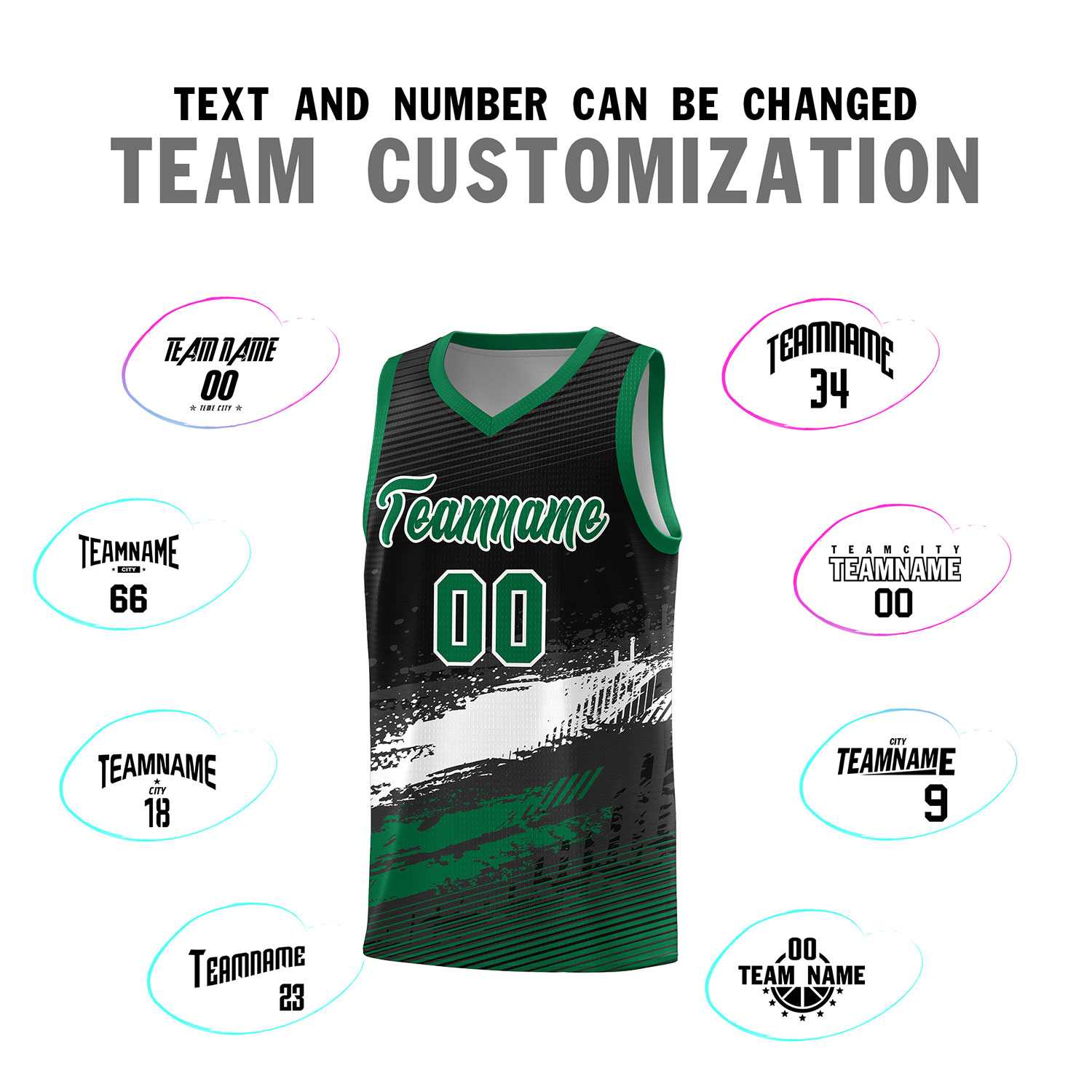 Custom Black White and Kelly Green Graffiti Pattern Sports Uniform Basketball Jersey