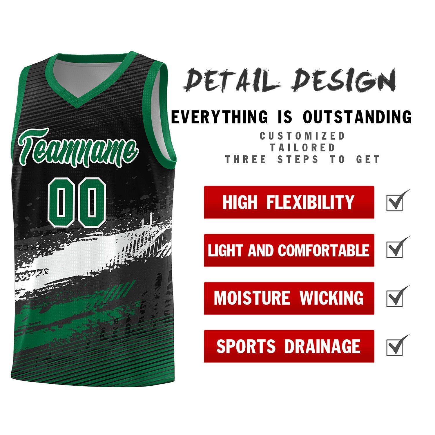 Custom Black White and Kelly Green Graffiti Pattern Sports Uniform Basketball Jersey