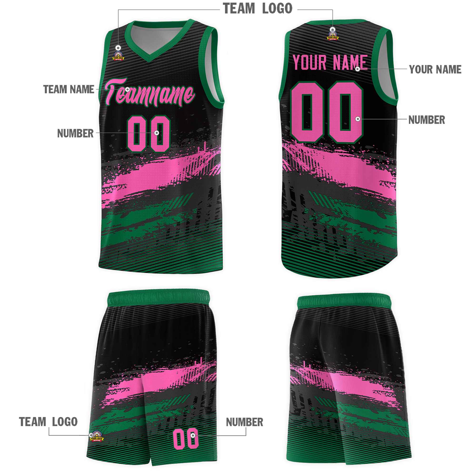 Custom Black Pink and Kelly Green Graffiti Pattern Sports Uniform Basketball Jersey