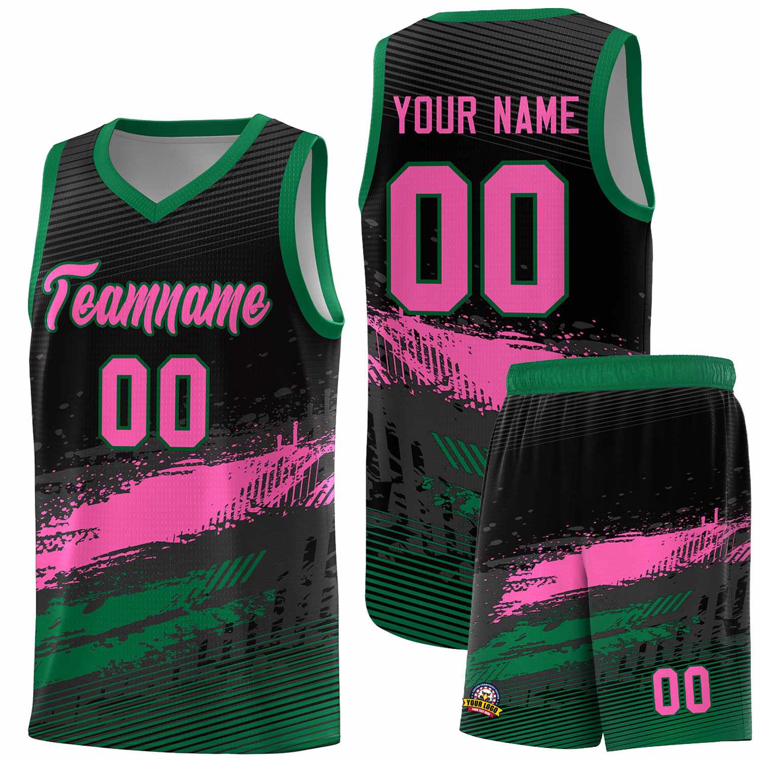 Custom Black Pink and Kelly Green Graffiti Pattern Sports Uniform Basketball Jersey