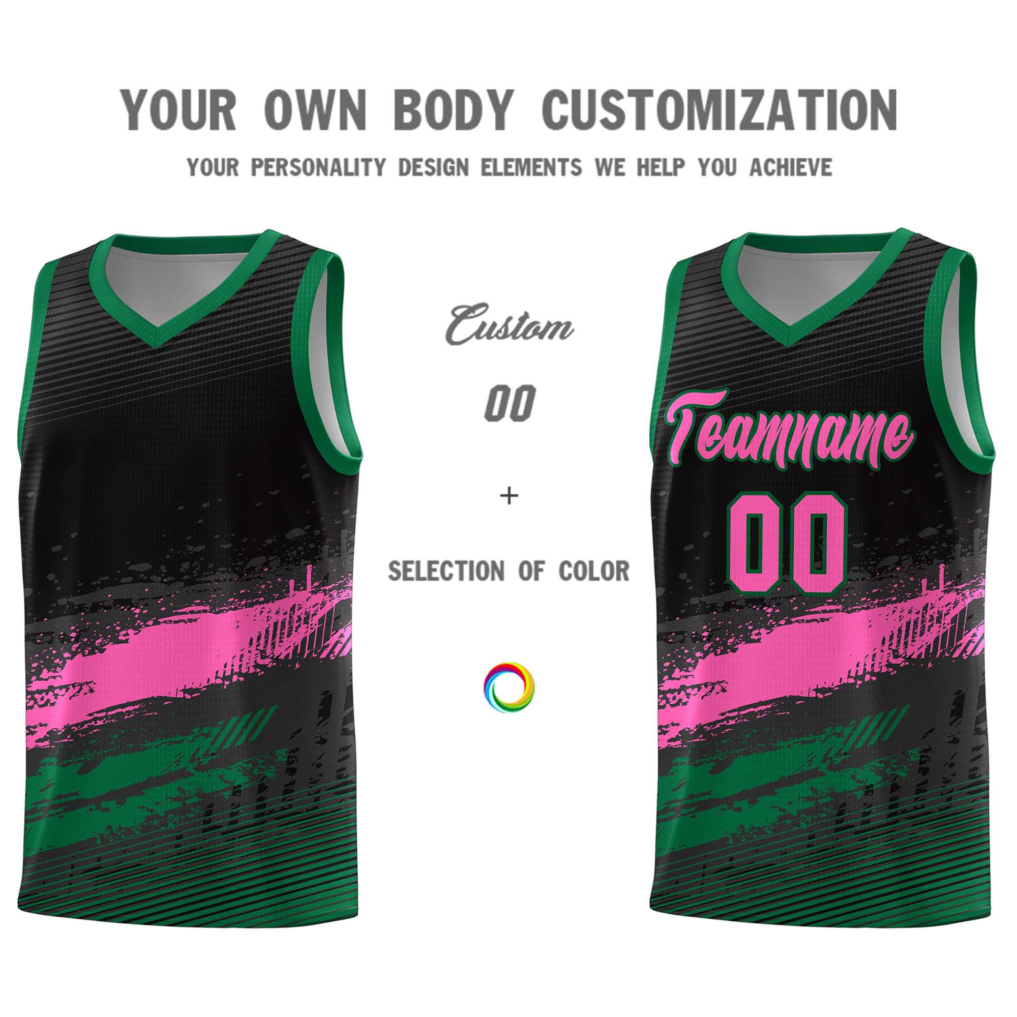 Custom Black Pink and Kelly Green Graffiti Pattern Sports Uniform Basketball Jersey