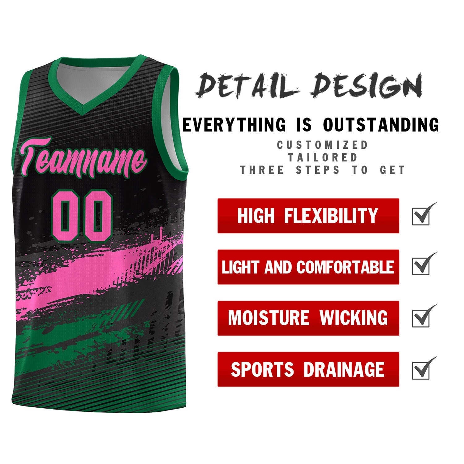 Custom Black Pink and Kelly Green Graffiti Pattern Sports Uniform Basketball Jersey