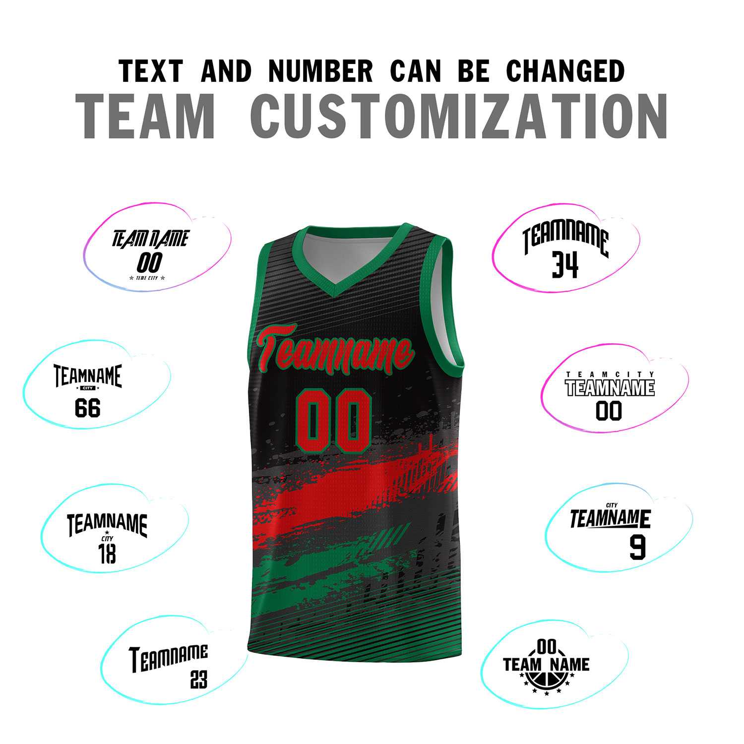 Custom Black Red and Kelly Green Graffiti Pattern Sports Uniform Basketball Jersey