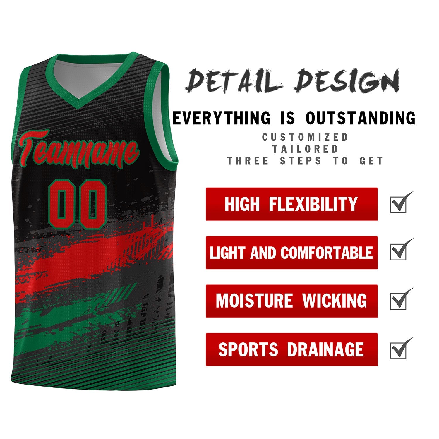 Custom Black Red and Kelly Green Graffiti Pattern Sports Uniform Basketball Jersey