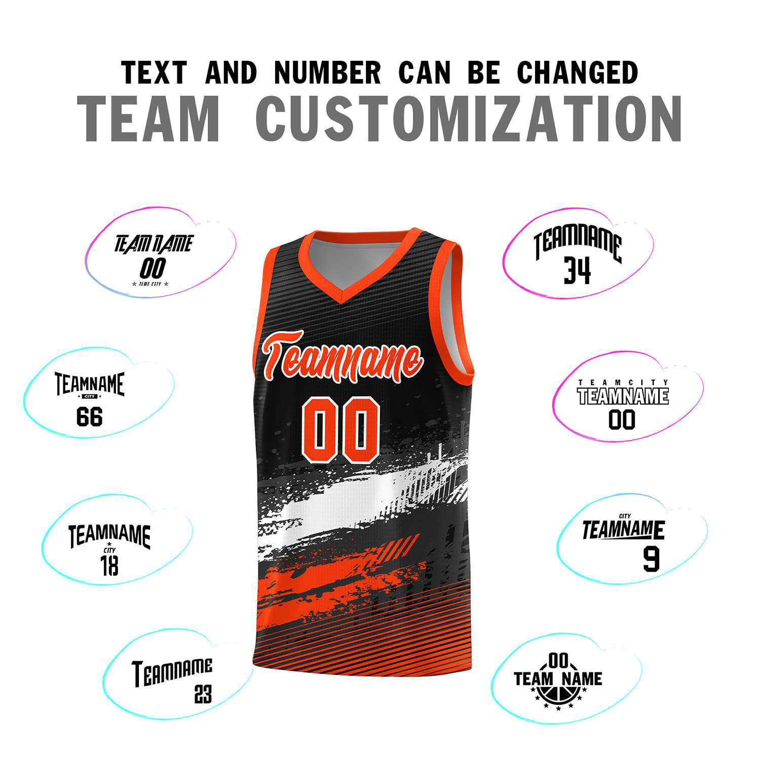 Custom Black White and Orange Graffiti Pattern Sports Uniform Basketball Jersey