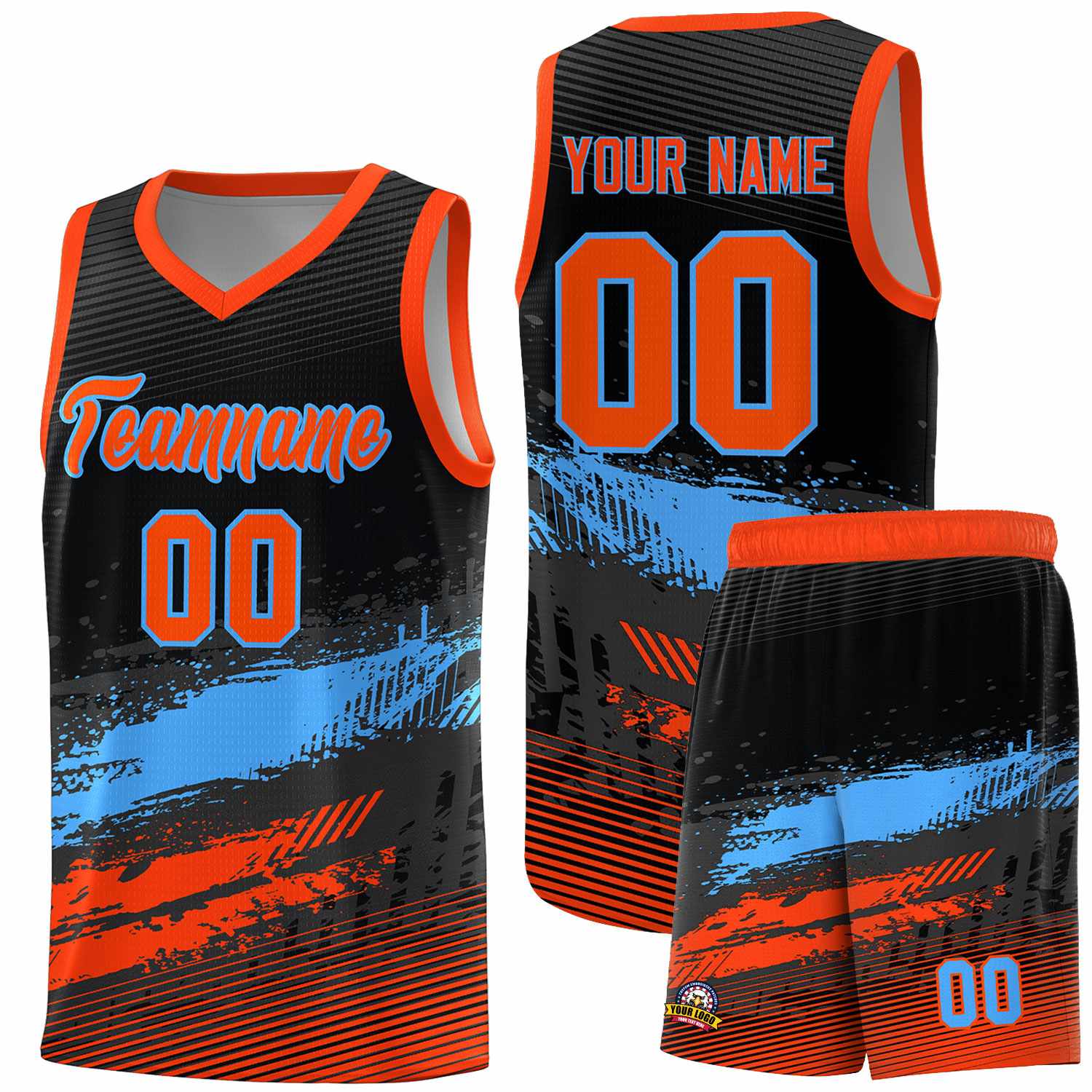 Custom Black Powder Blue and Orange Graffiti Pattern Sports Uniform Basketball Jersey