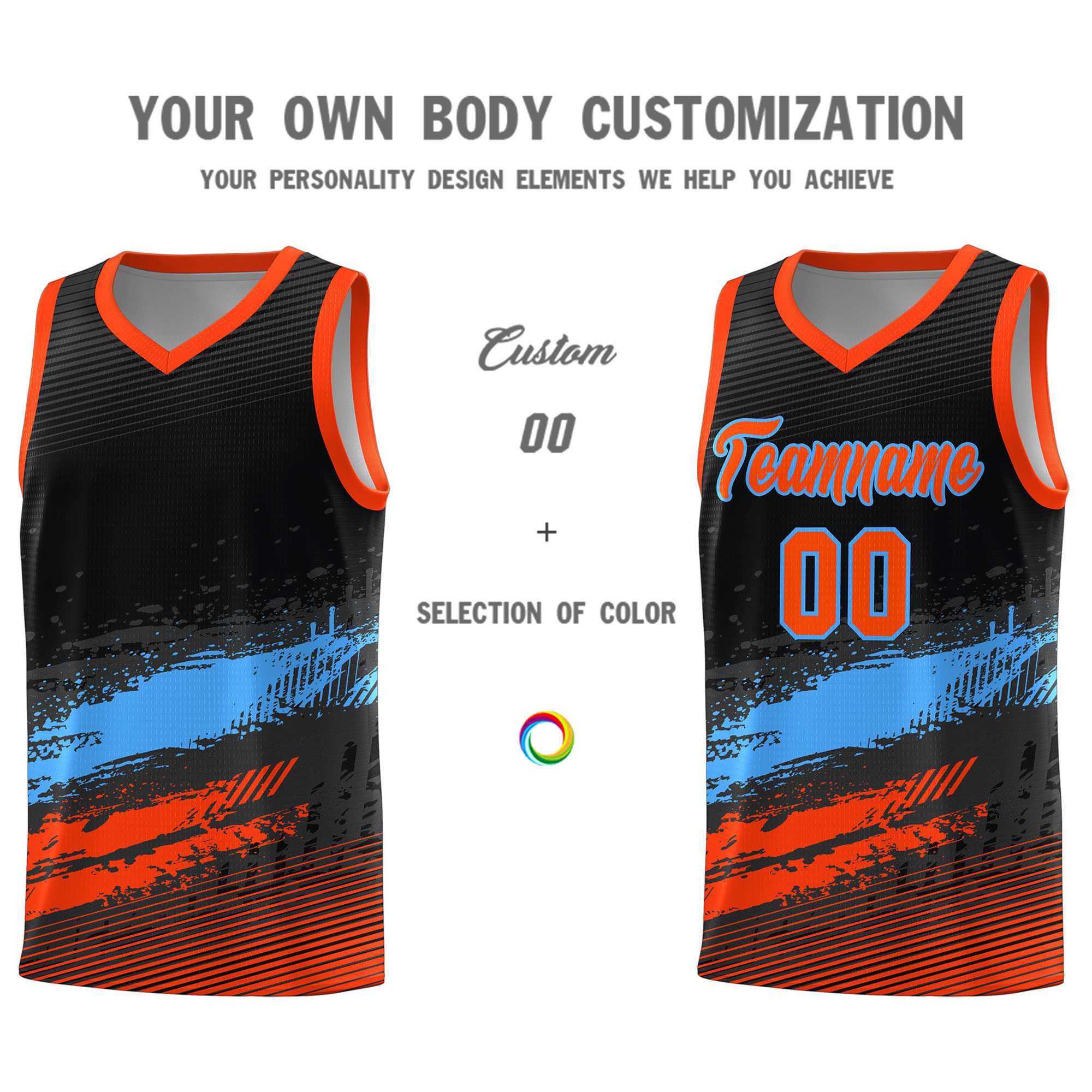 Custom Black Powder Blue and Orange Graffiti Pattern Sports Uniform Basketball Jersey