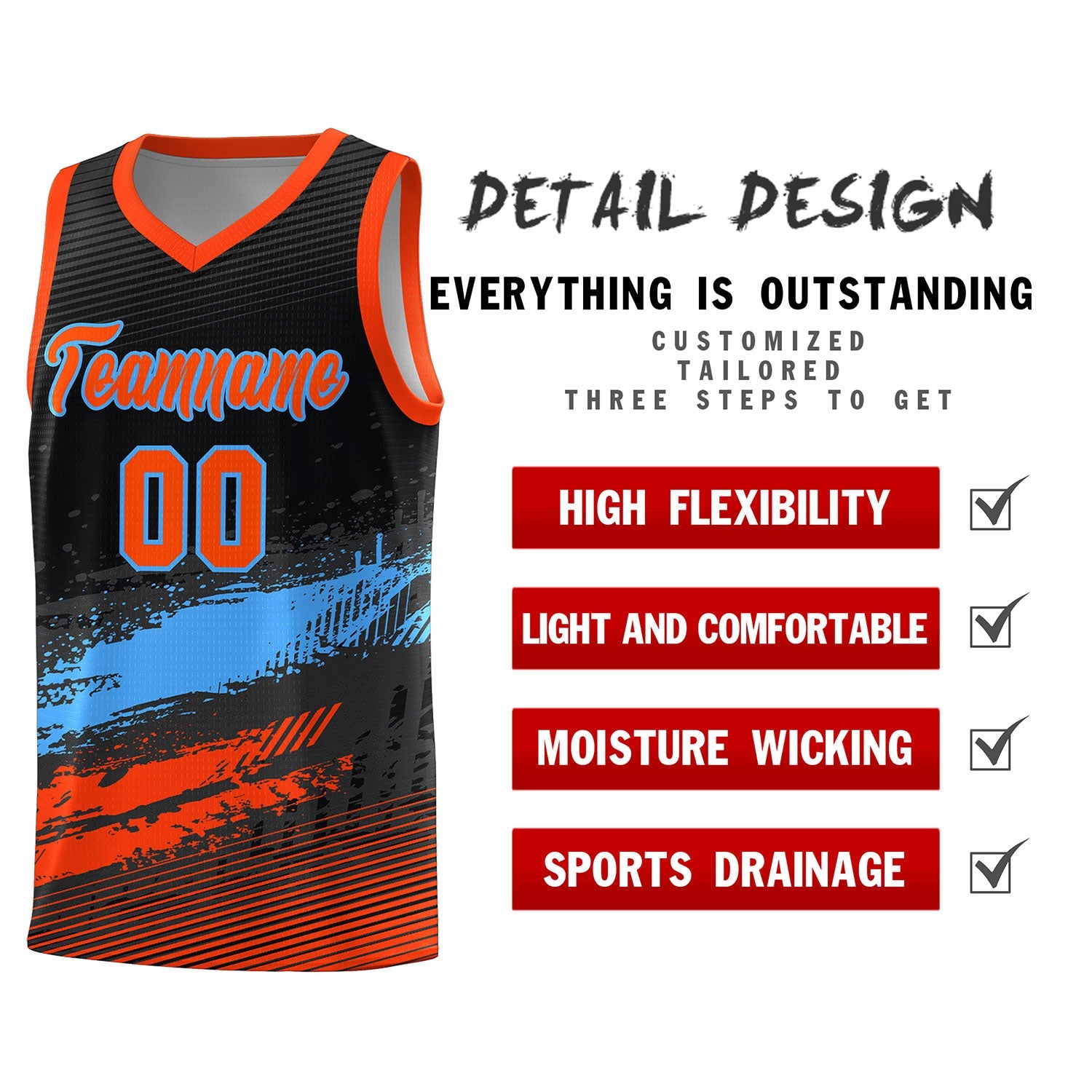 Custom Black Powder Blue and Orange Graffiti Pattern Sports Uniform Basketball Jersey