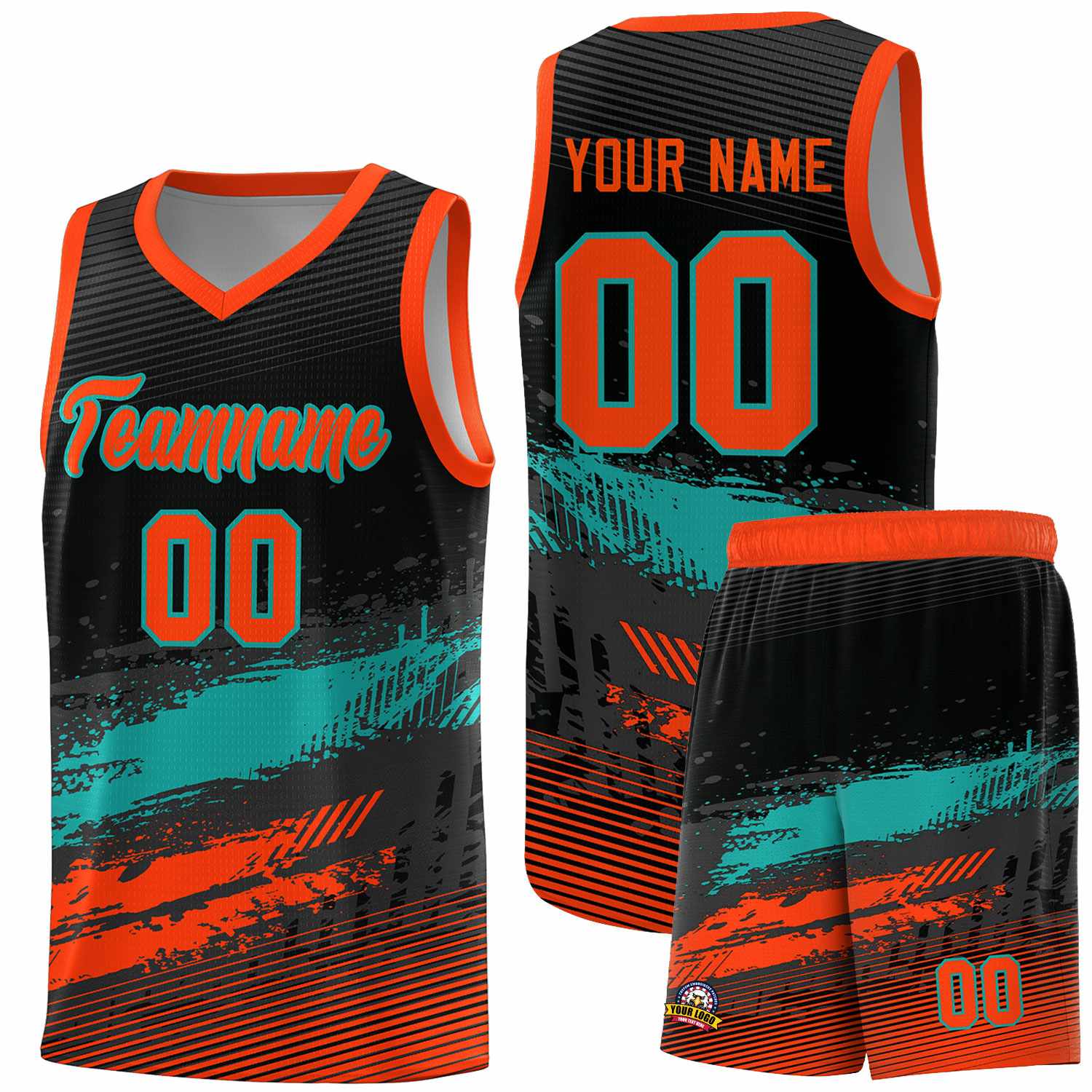 Custom Black Aqua and Orange Graffiti Pattern Sports Uniform Basketball Jersey