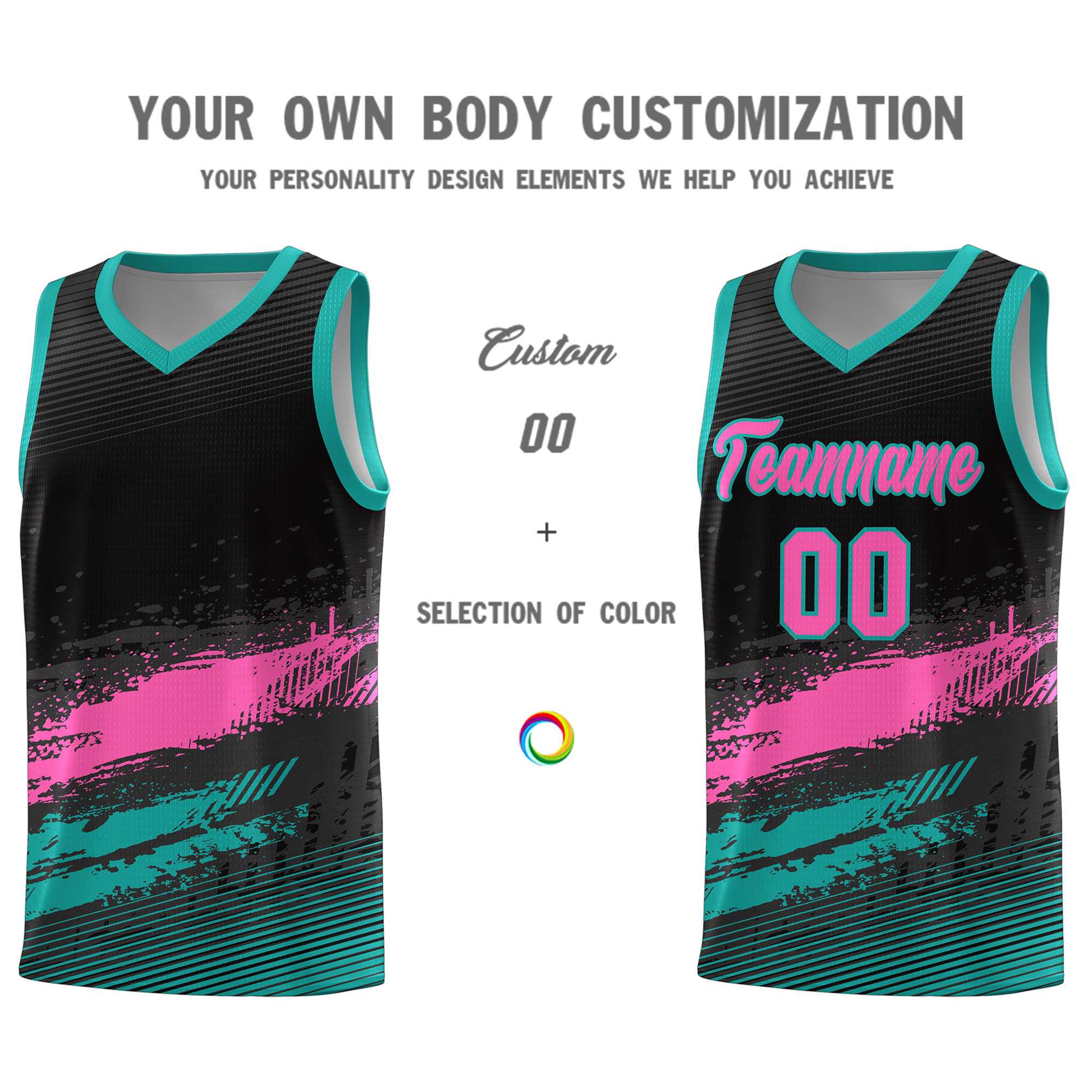 Custom Black Pink and Aqua Graffiti Pattern Sports Uniform Basketball Jersey