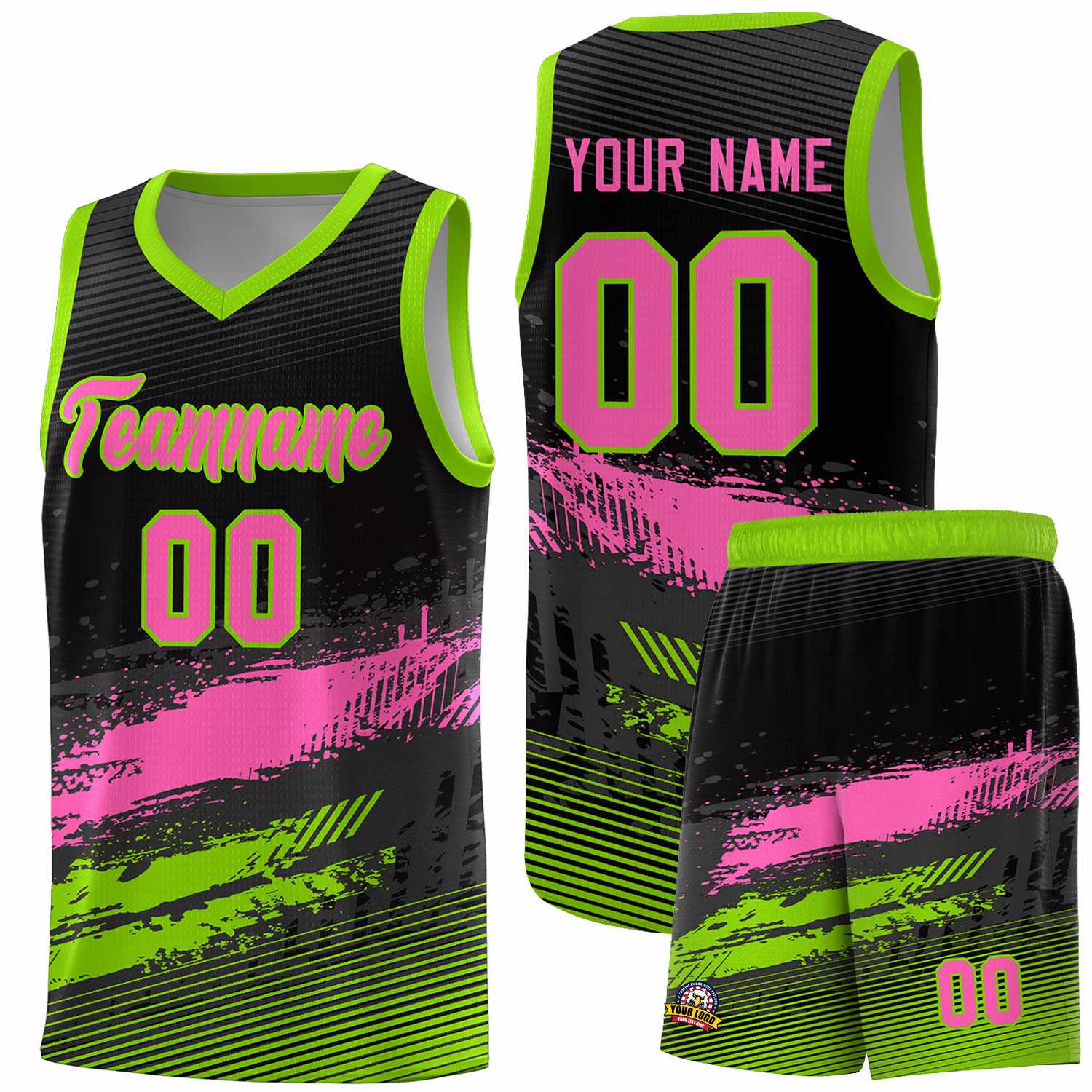 Custom Black Pink and Neon Green Graffiti Pattern Sports Uniform Basketball Jersey