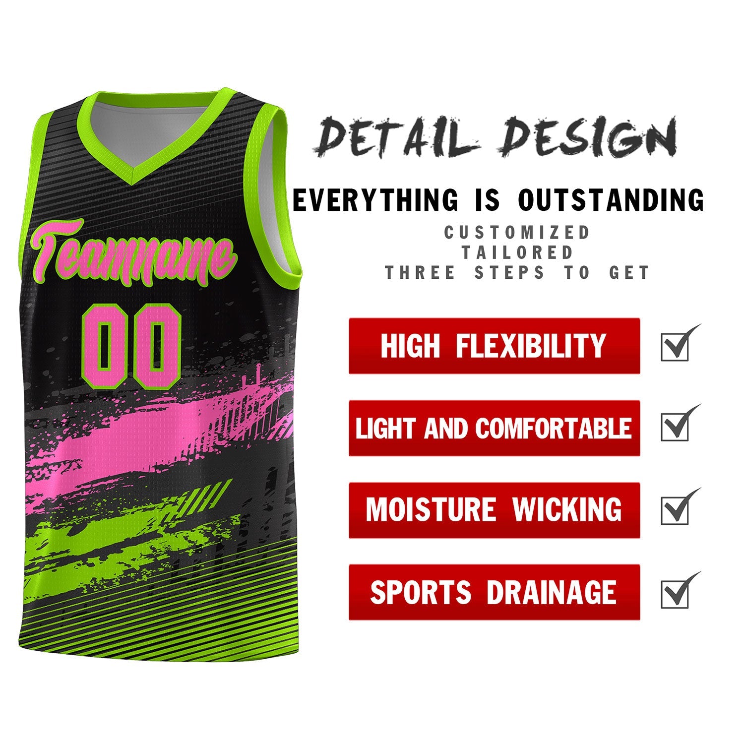 Custom Black Pink and Neon Green Graffiti Pattern Sports Uniform Basketball Jersey