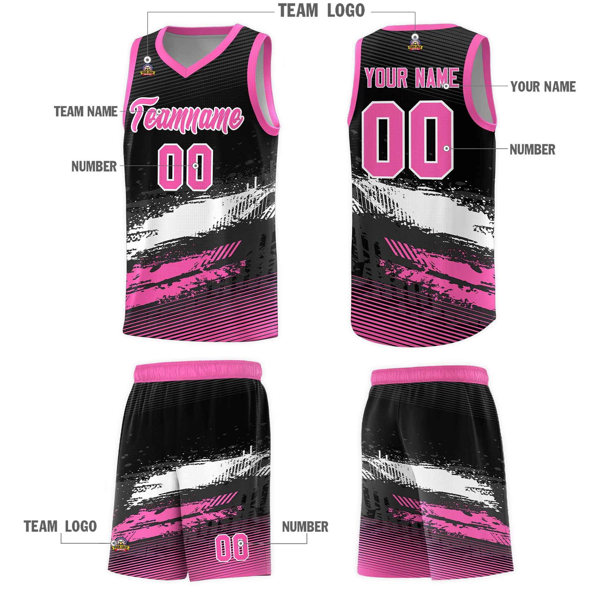 Custom Black White and Pink Graffiti Pattern Sports Uniform Basketball Jersey