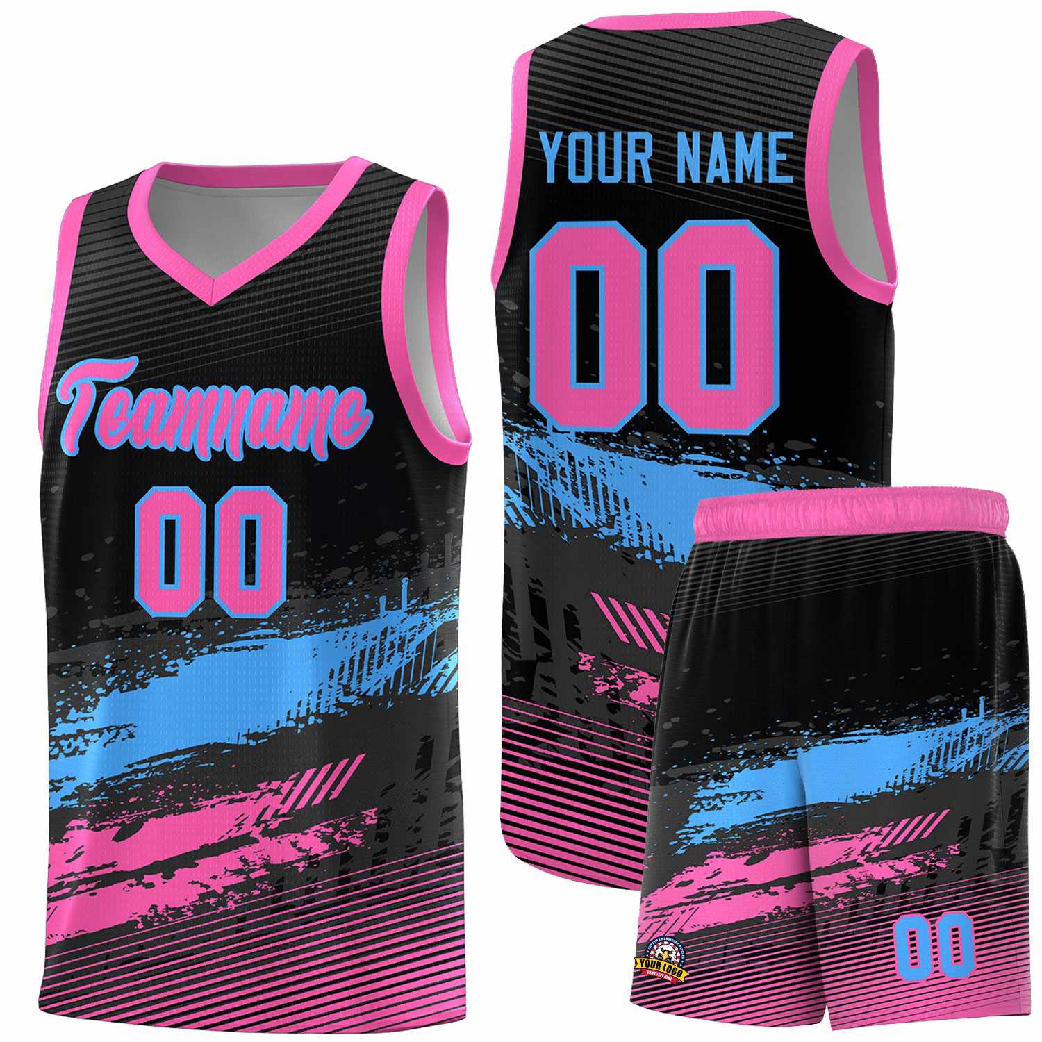 Custom Black Powder Blue and Pink Graffiti Pattern Sports Uniform Basketball Jersey