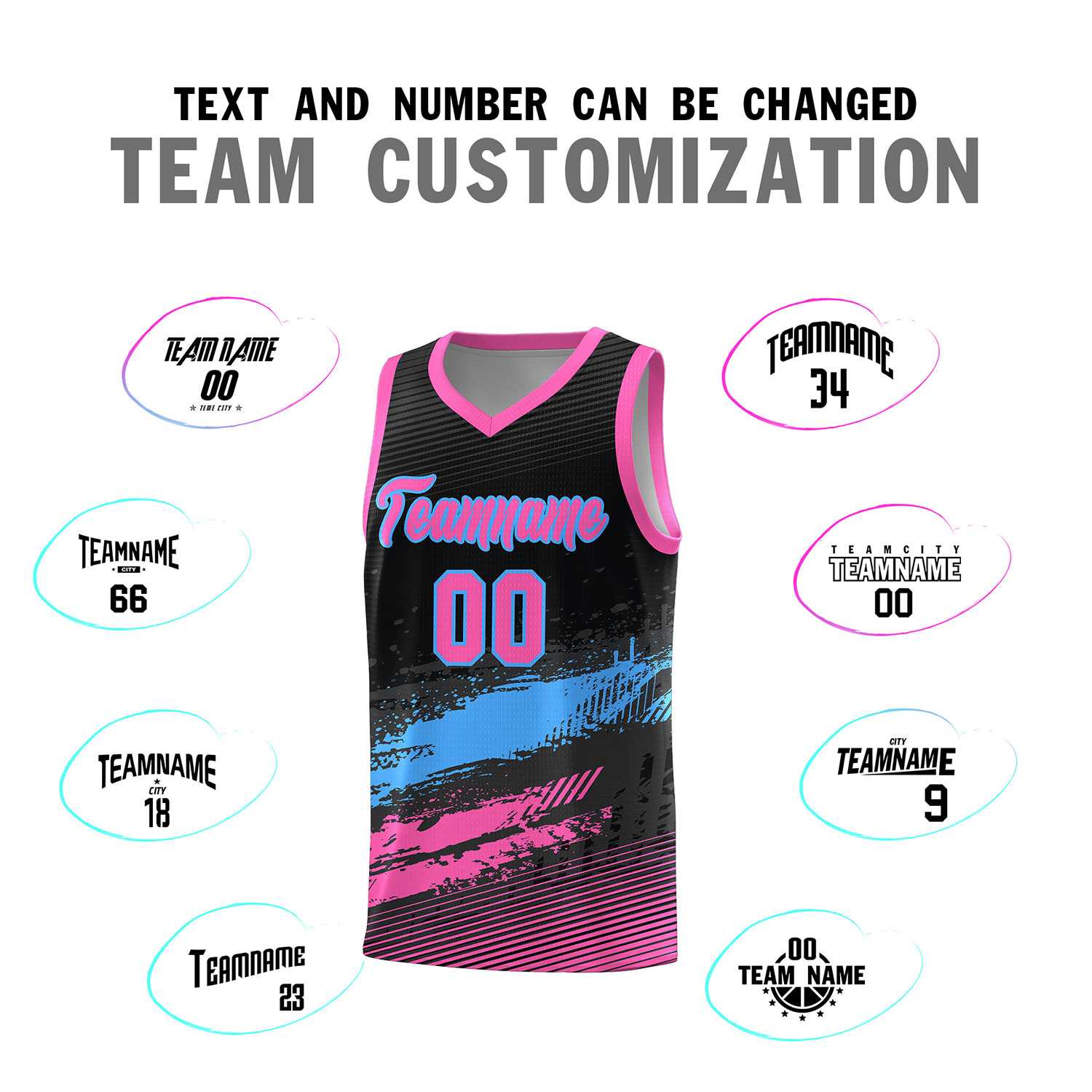 Custom Black Powder Blue and Pink Graffiti Pattern Sports Uniform Basketball Jersey