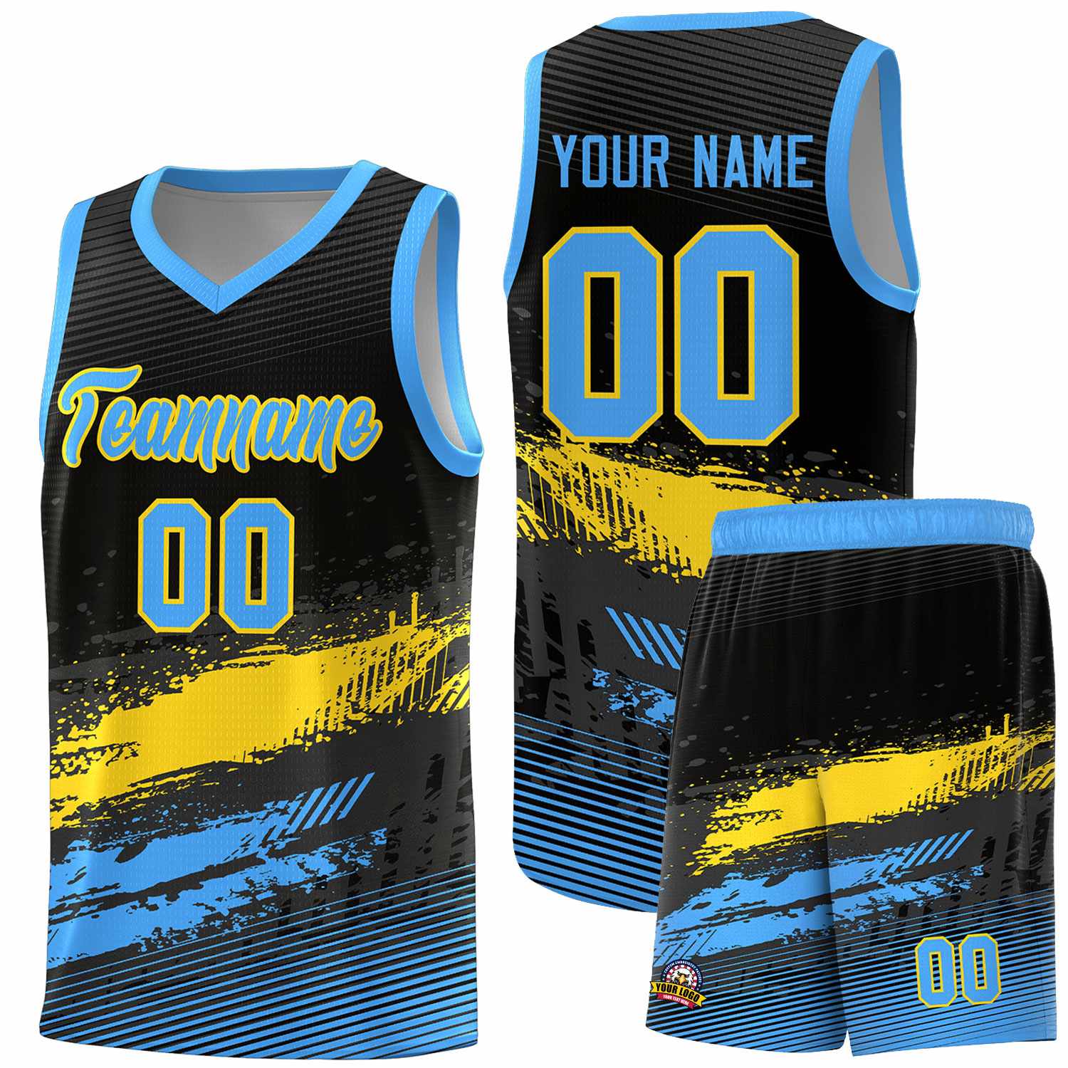 Custom Black Gold and Powder Blue Graffiti Pattern Sports Uniform Basketball Jersey