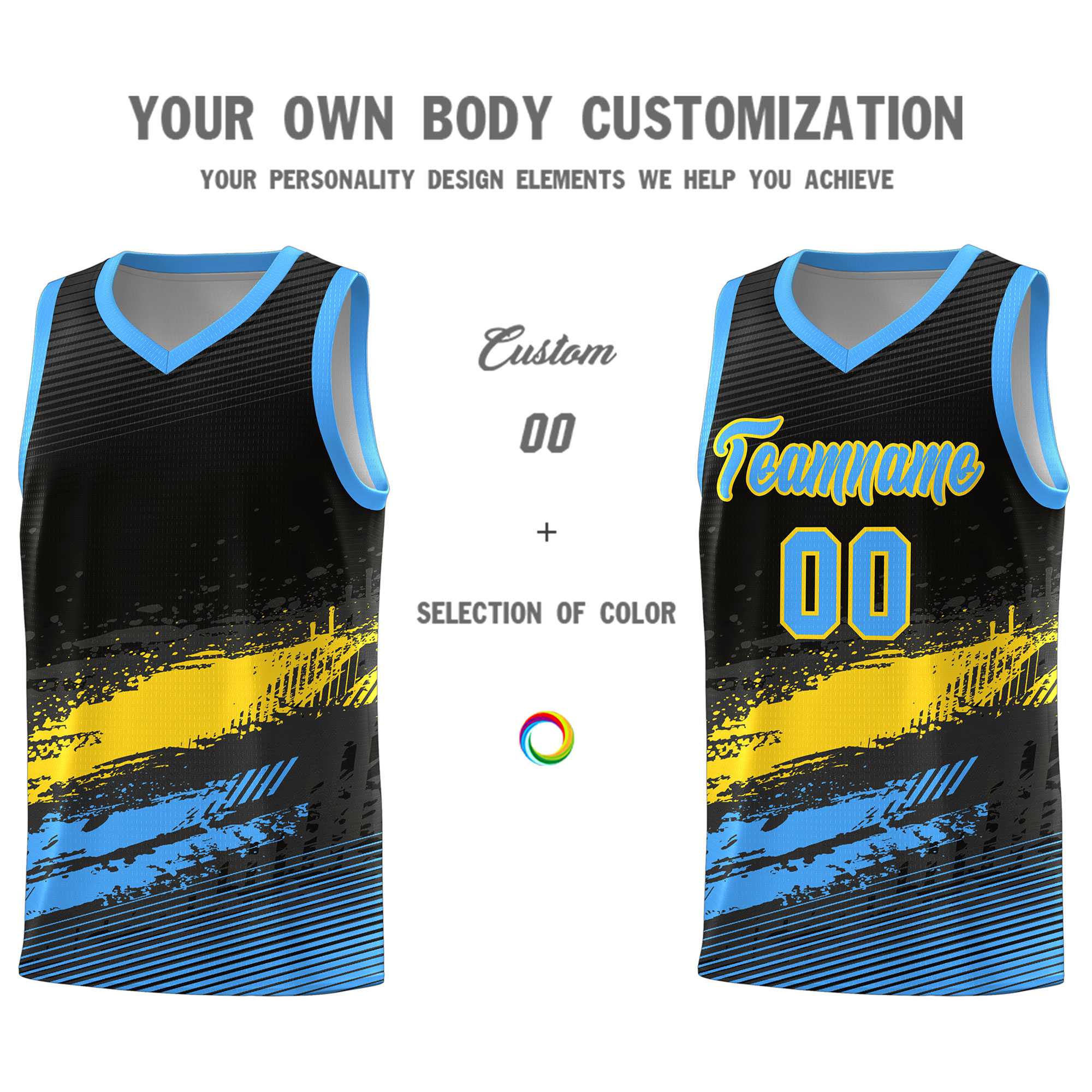 Custom Black Gold and Powder Blue Graffiti Pattern Sports Uniform Basketball Jersey