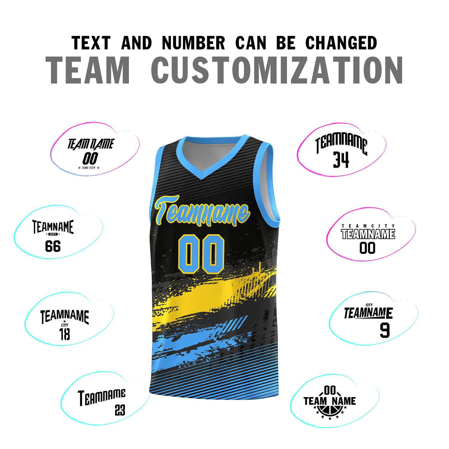 Custom Black Gold and Powder Blue Graffiti Pattern Sports Uniform Basketball Jersey