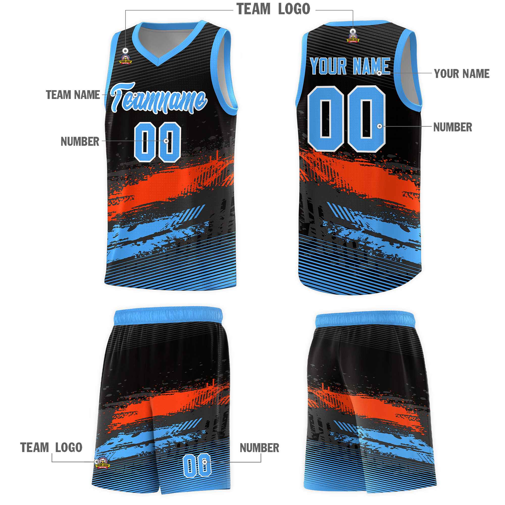 Custom Black Orange and Powder Blue Graffiti Pattern Sports Uniform Basketball Jersey