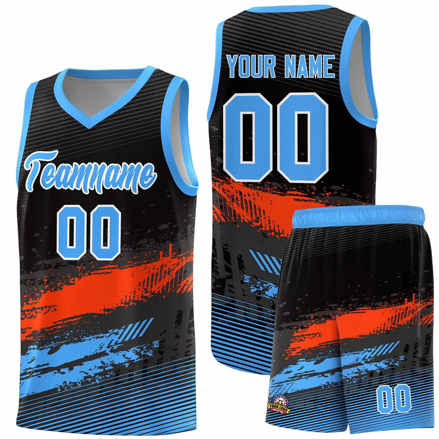 Custom Black Orange and Powder Blue Graffiti Pattern Sports Uniform Basketball Jersey