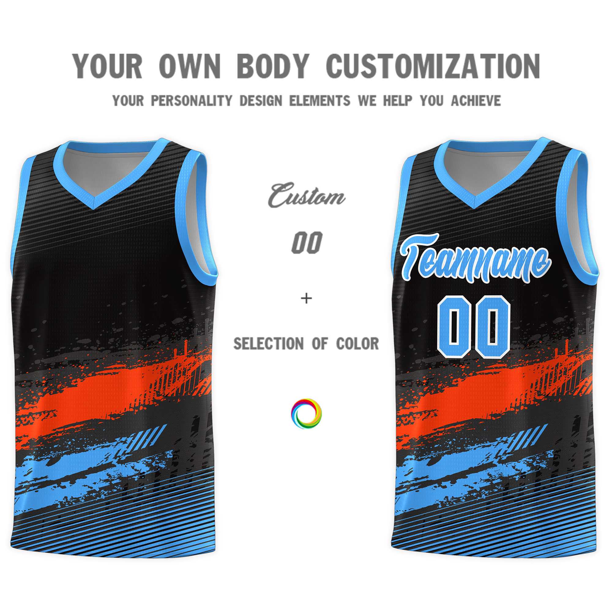 Custom Black Orange and Powder Blue Graffiti Pattern Sports Uniform Basketball Jersey