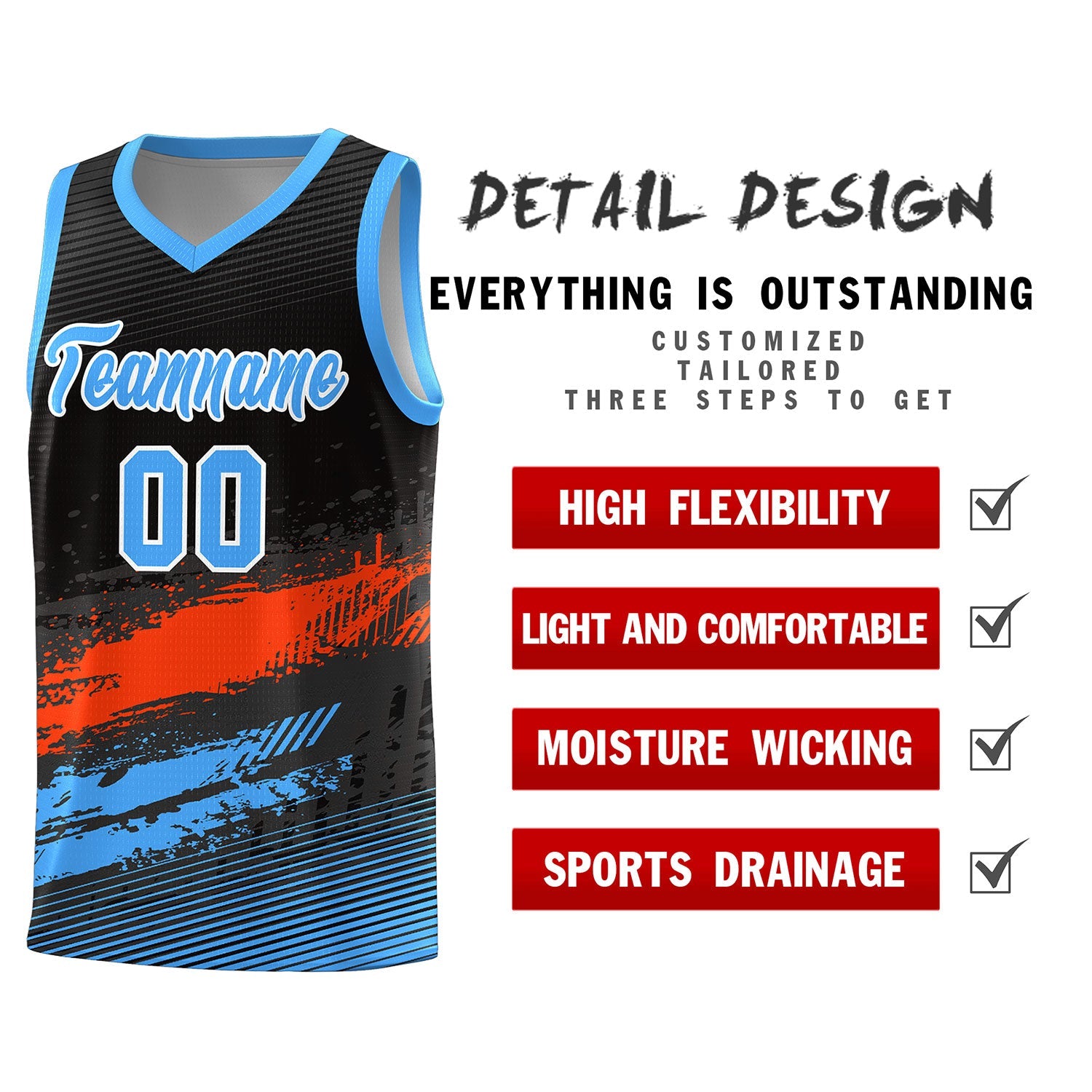 Custom Black Orange and Powder Blue Graffiti Pattern Sports Uniform Basketball Jersey