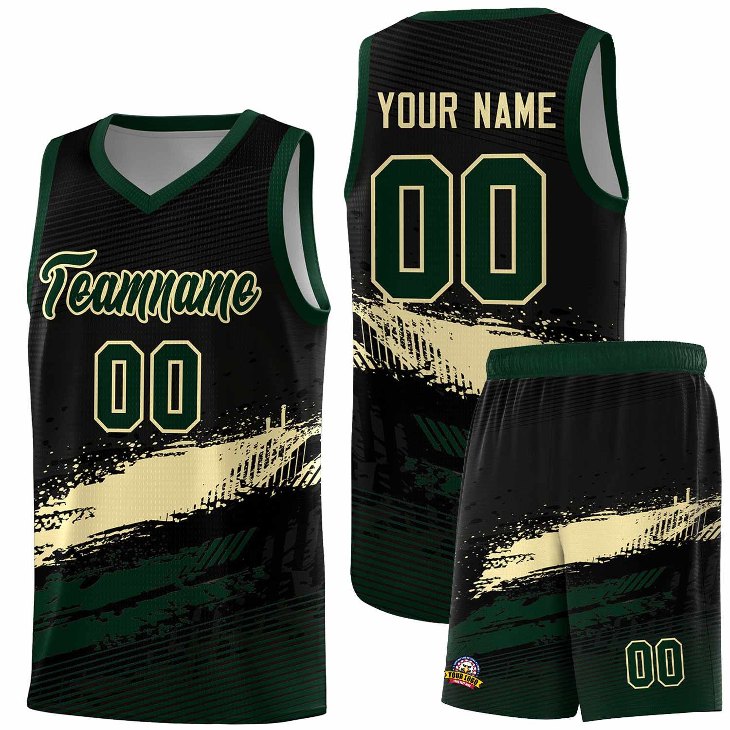 Custom Black Cream and Hunter Green Graffiti Pattern Sports Uniform Basketball Jersey