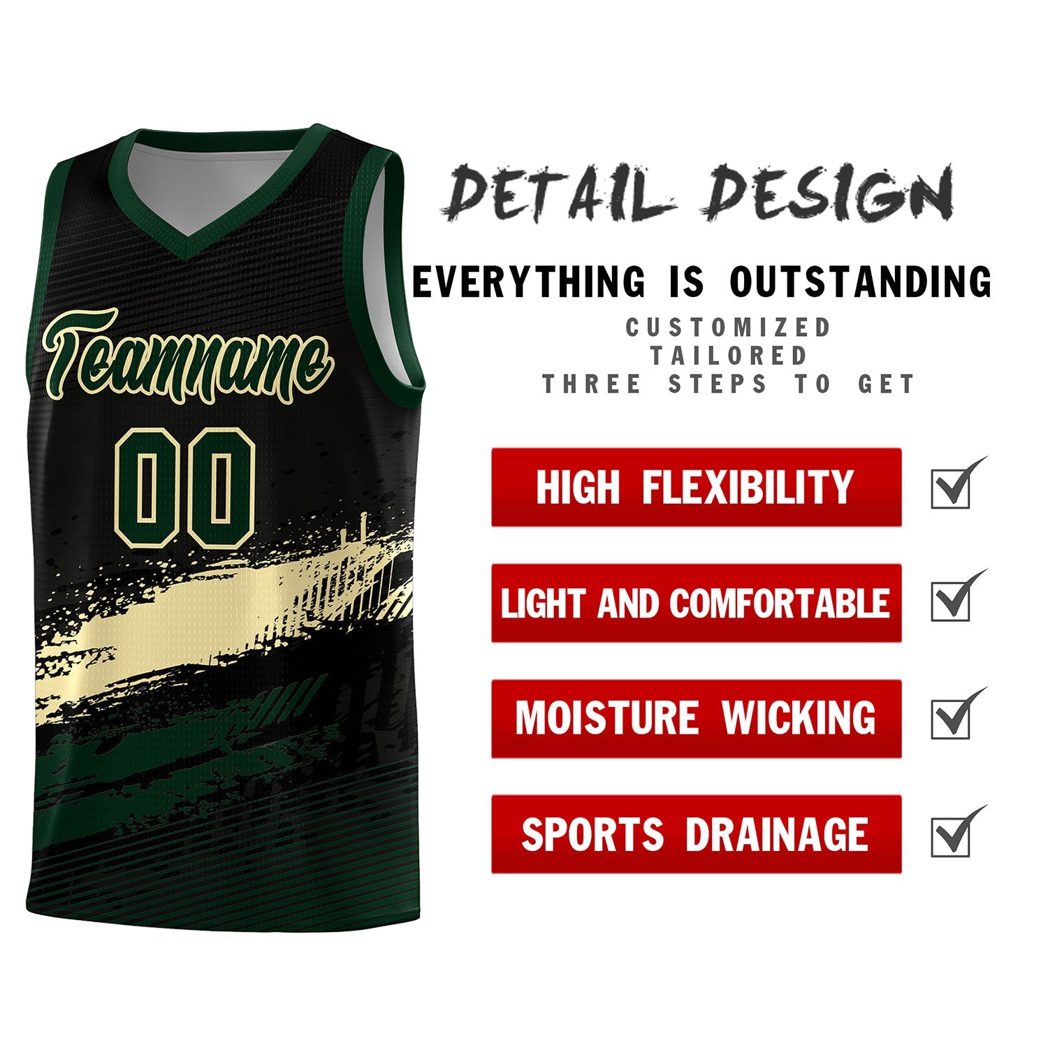 Custom Black Cream and Hunter Green Graffiti Pattern Sports Uniform Basketball Jersey