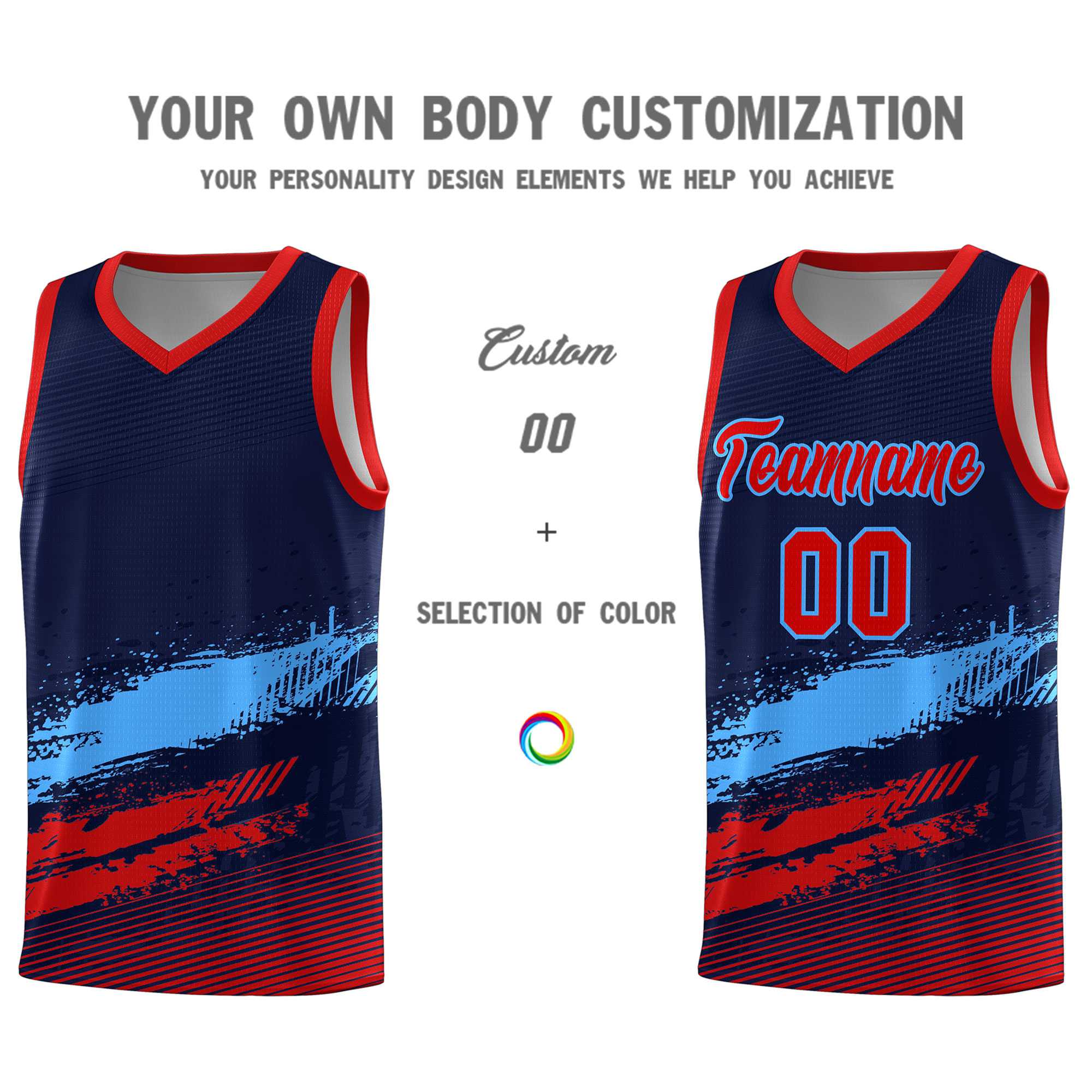 Custom Navy Powder Blue and Red Graffiti Pattern Sports Uniform Basketball Jersey