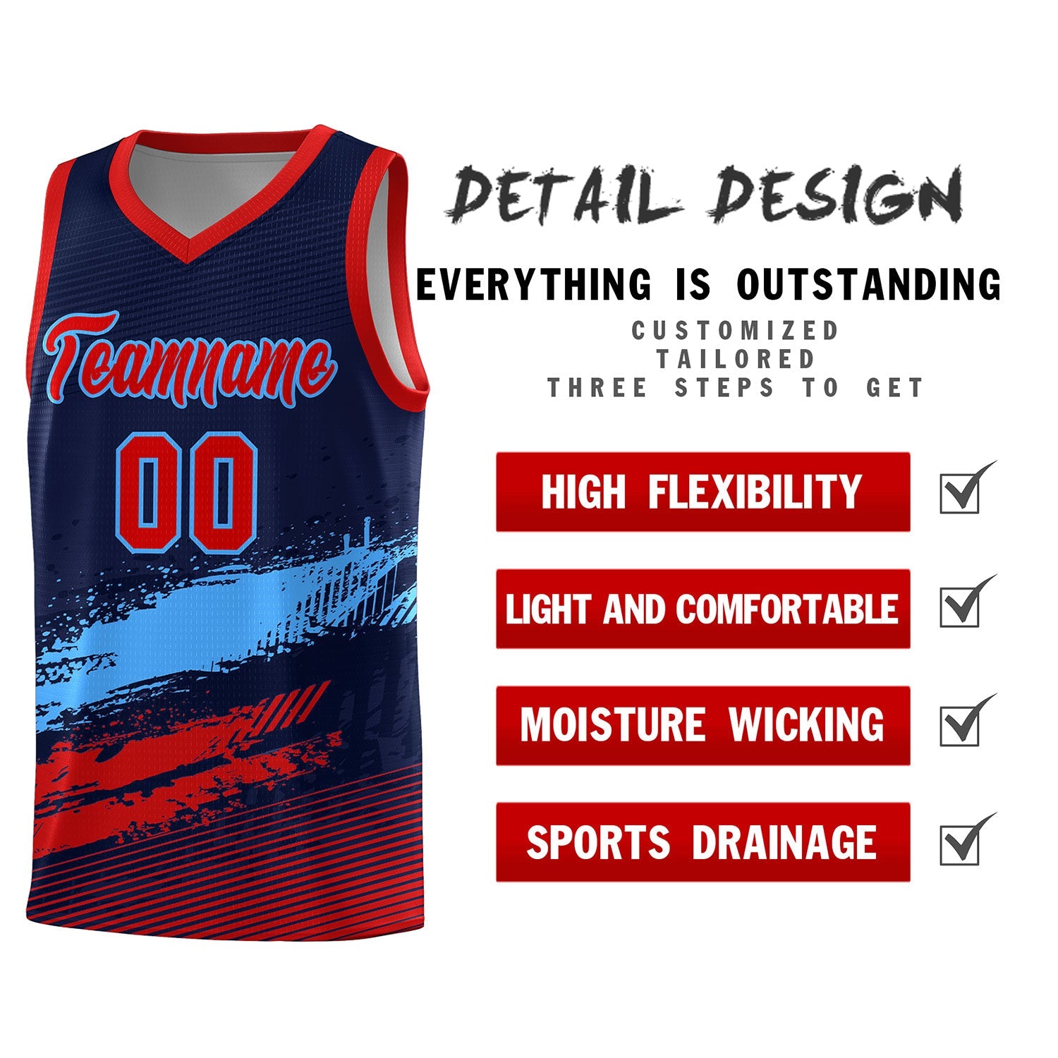 Custom Navy Powder Blue and Red Graffiti Pattern Sports Uniform Basketball Jersey