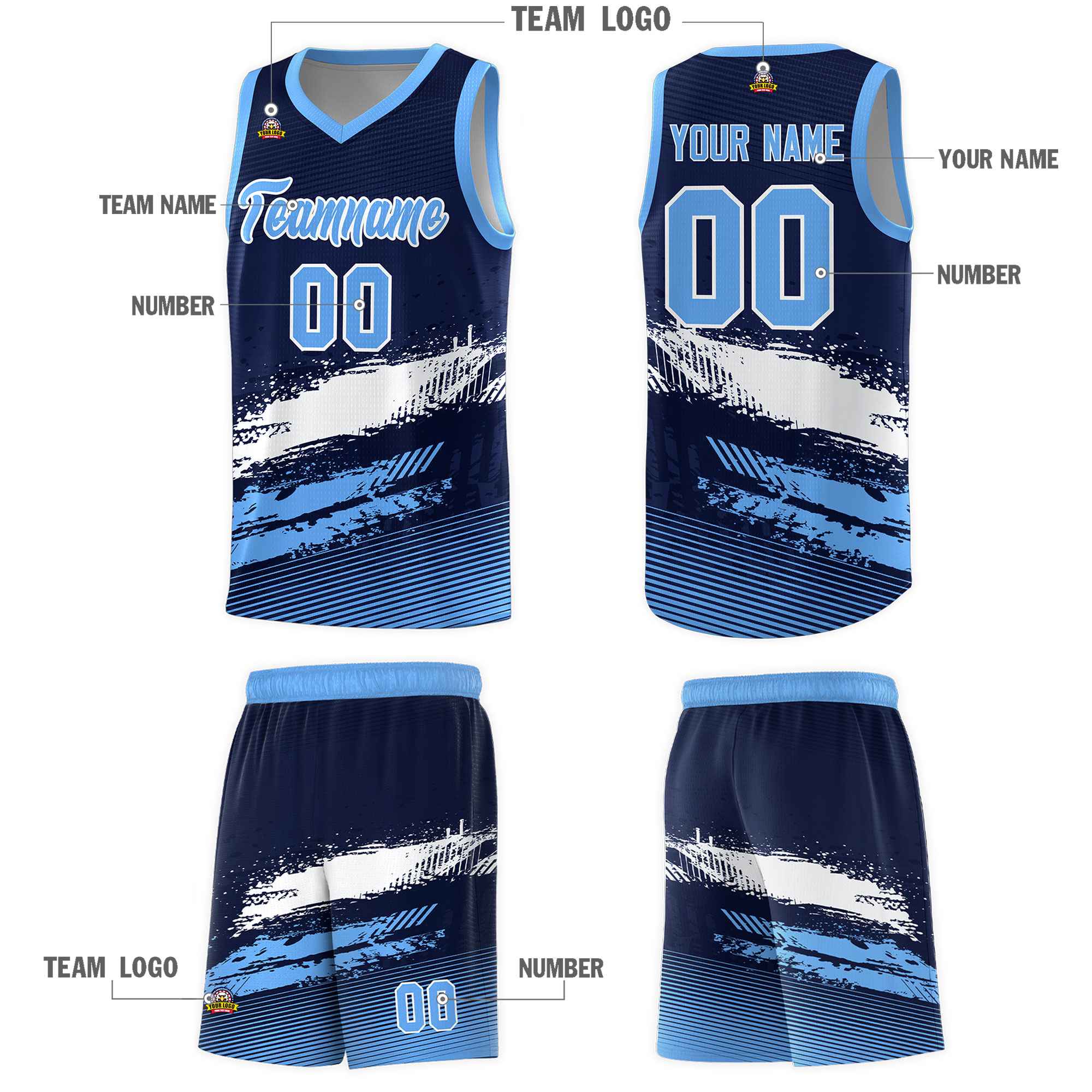 Custom Navy White and Powder Blue Graffiti Pattern Sports Uniform Basketball Jersey